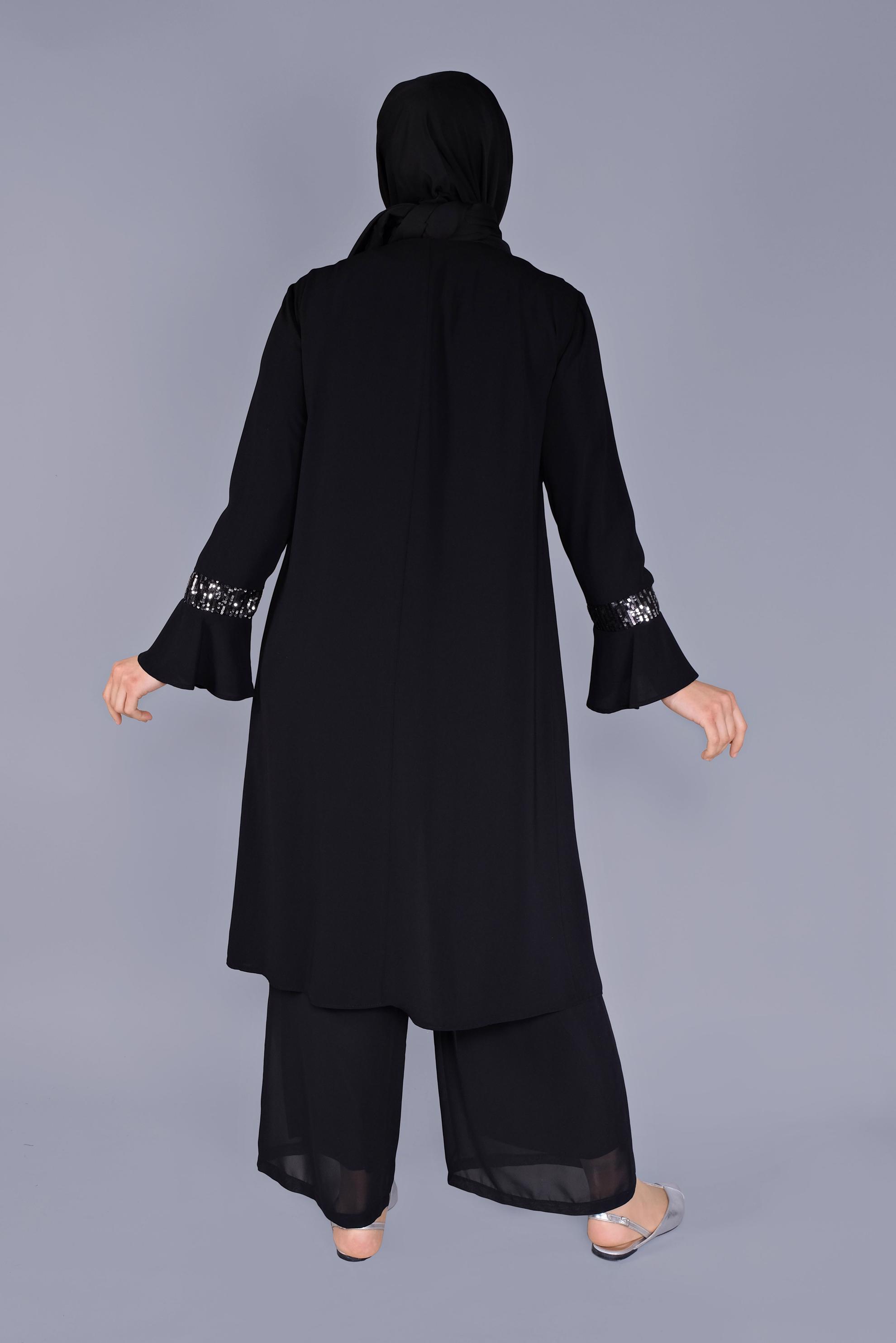 Tesettür giyim SİYAH PULLU İSPANYOL KOL İKİLİ TUNİK 40881 