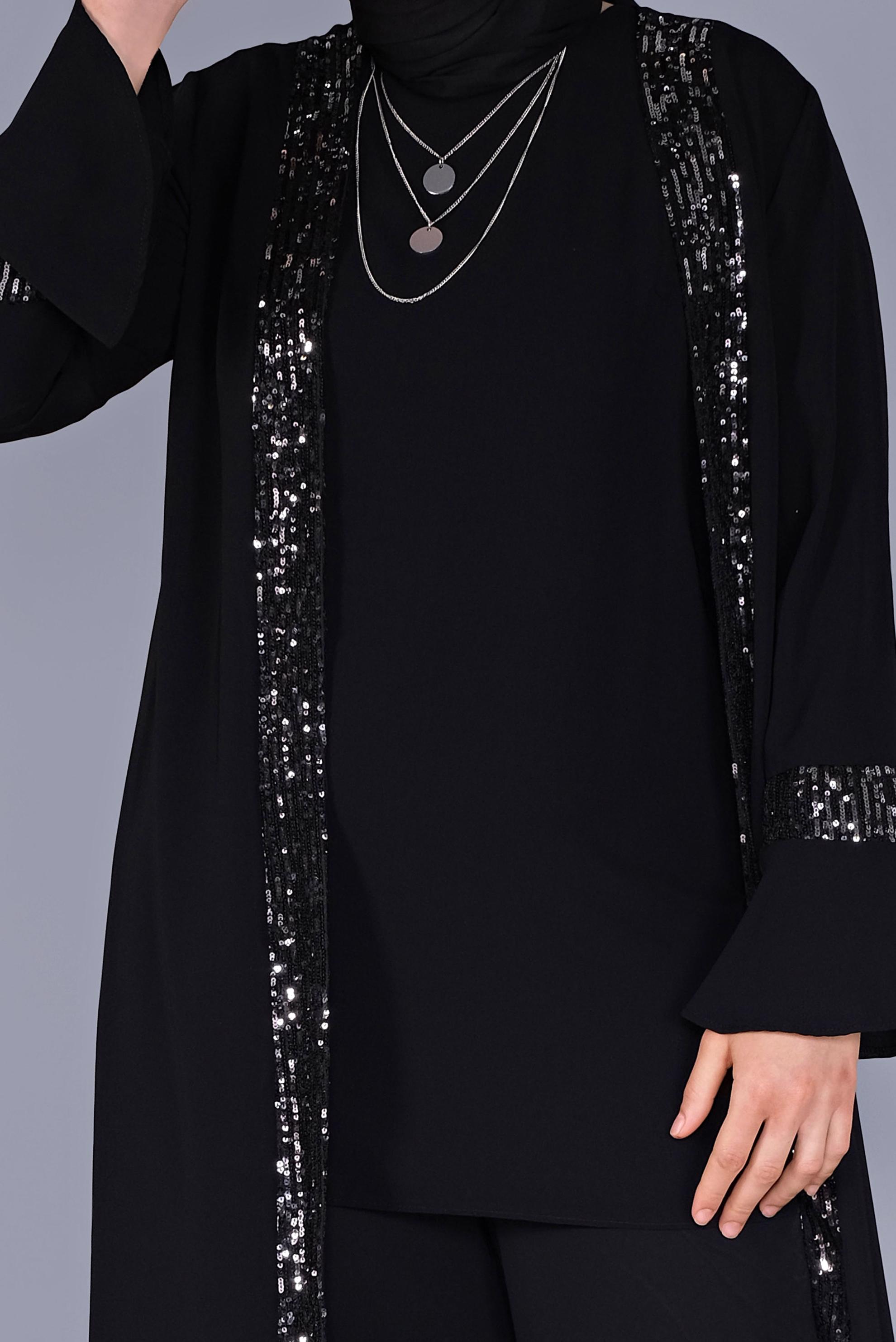 Tesettür giyim SİYAH PULLU İSPANYOL KOL İKİLİ TUNİK 40881 