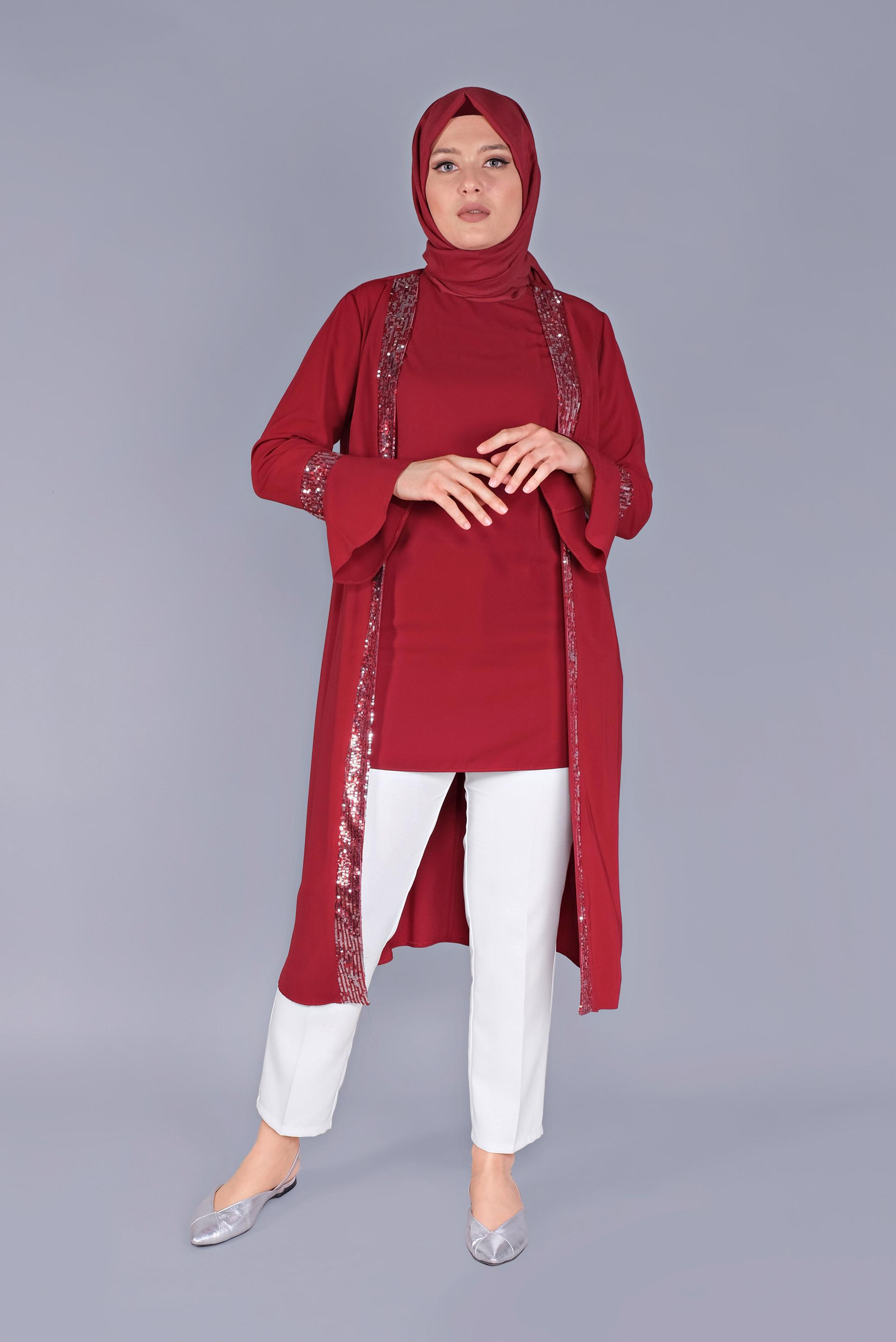 Tesettür giyim BORDO PULLU İSPANYOL KOL İKİLİ TUNİK 40881 