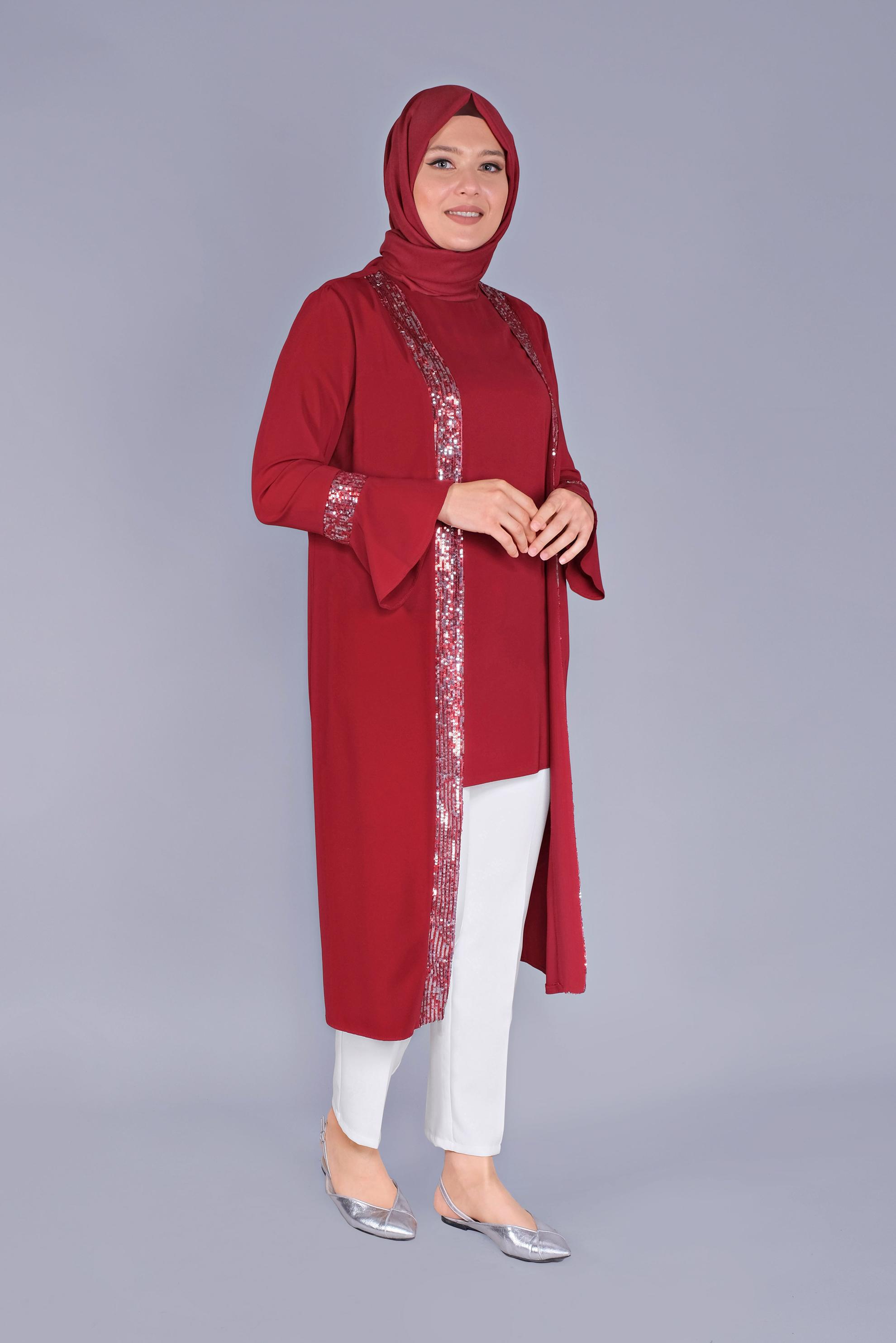 Tesettür giyim BORDO PULLU İSPANYOL KOL İKİLİ TUNİK 40881 