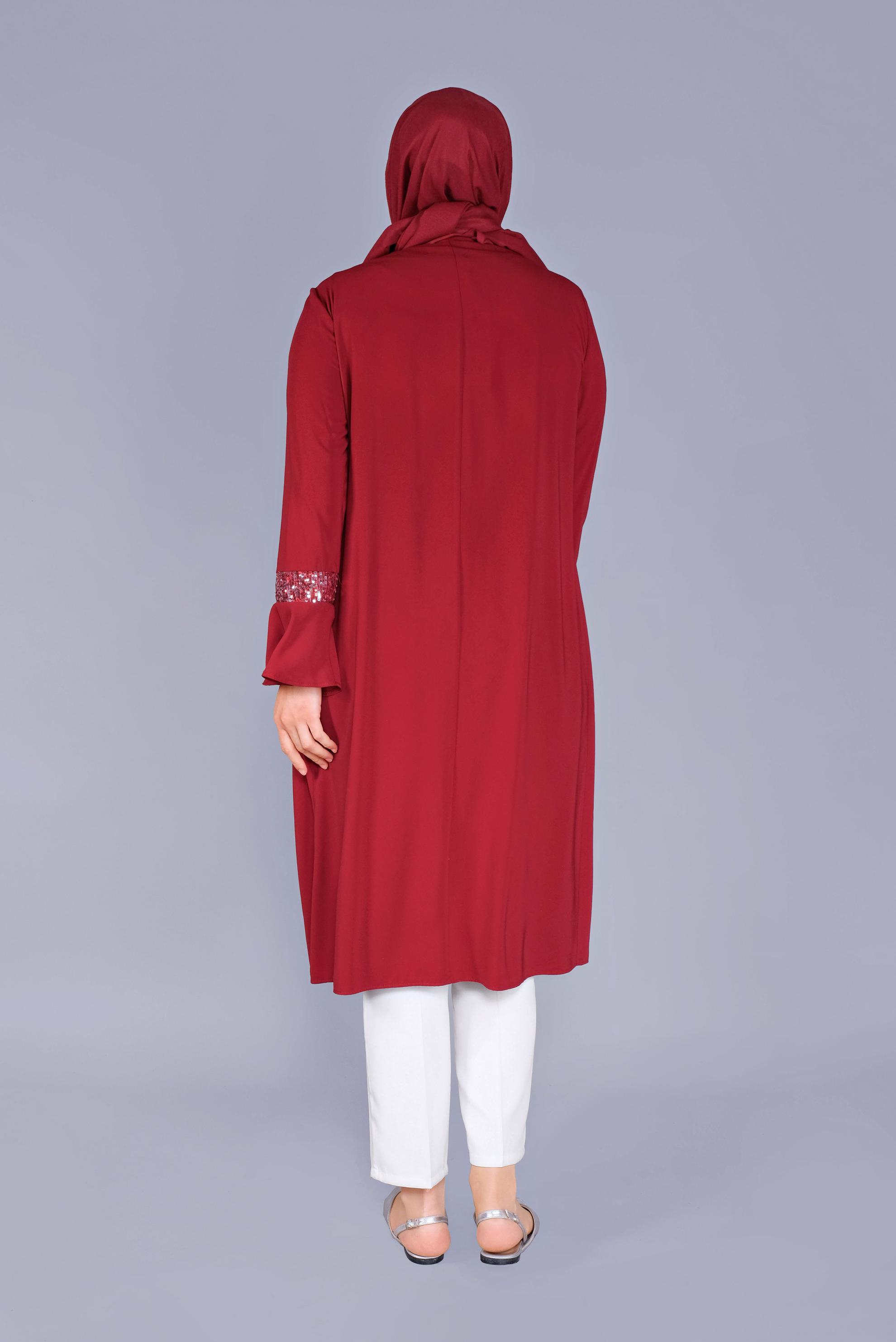 Tesettür giyim BORDO PULLU İSPANYOL KOL İKİLİ TUNİK 40881 