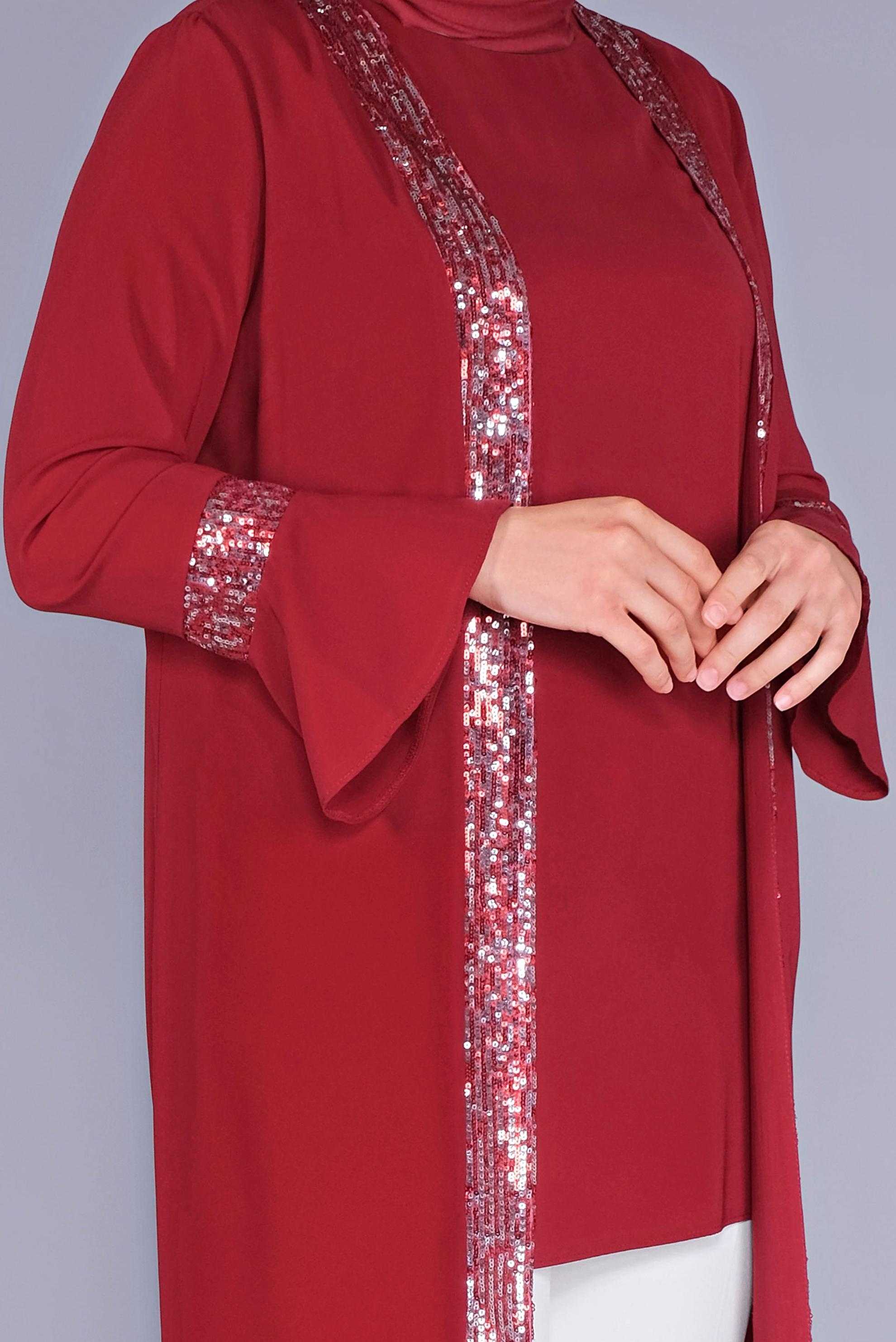 Tesettür giyim BORDO PULLU İSPANYOL KOL İKİLİ TUNİK 40881 