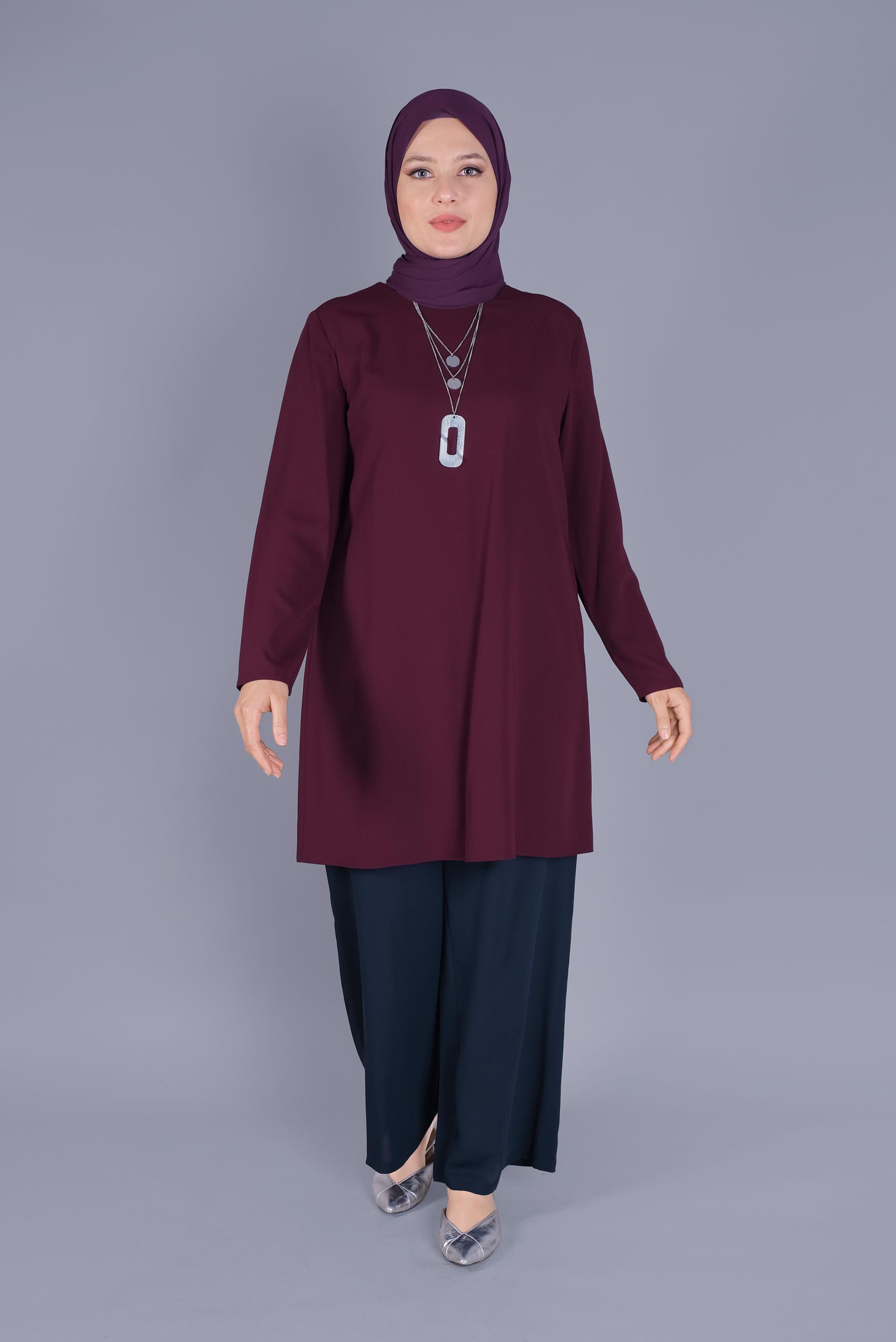 Tesettür giyim BORDO YUVARLAK YAKA BASİC TUNİK 40883
