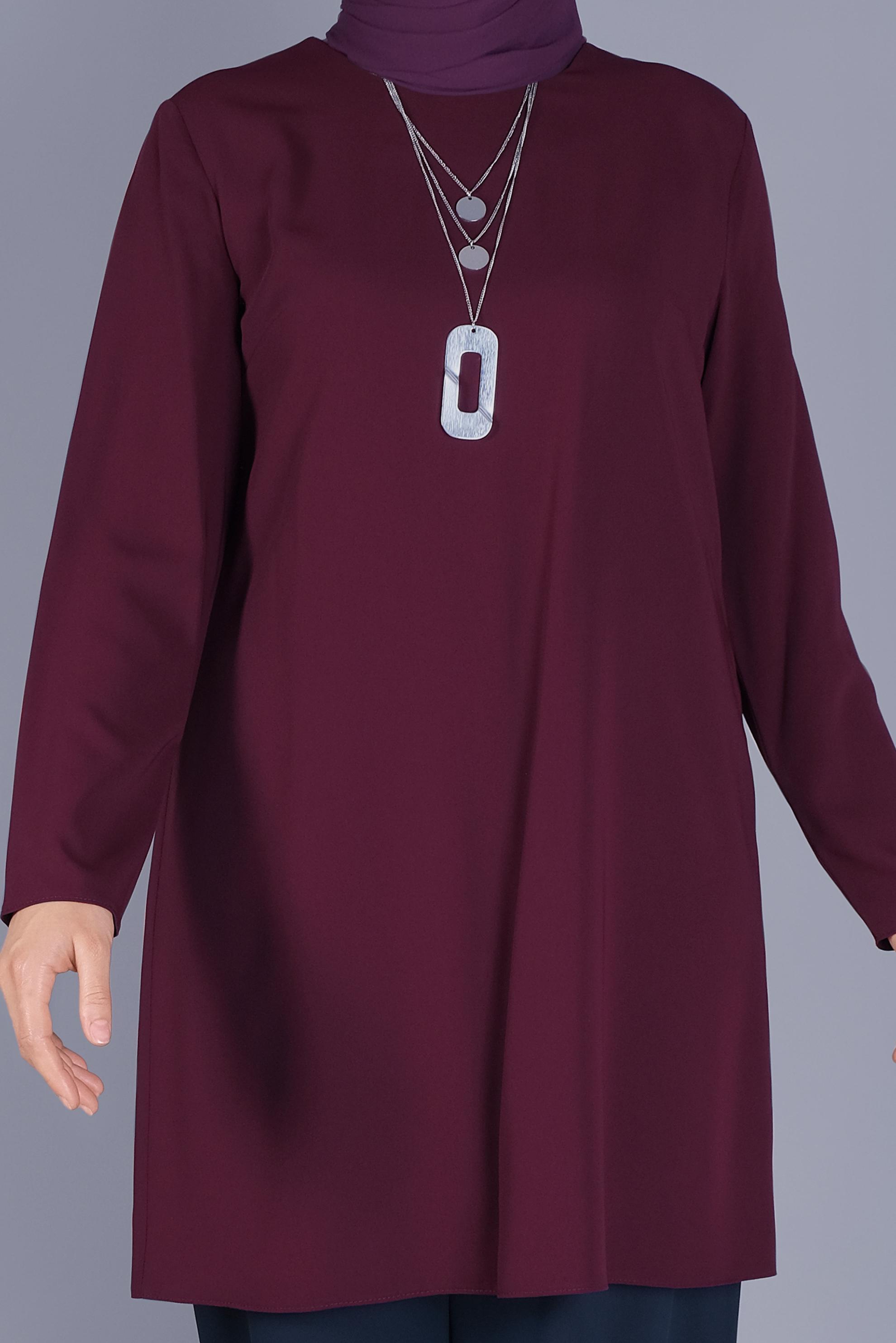 Tesettür giyim BORDO YUVARLAK YAKA BASİC TUNİK 40883