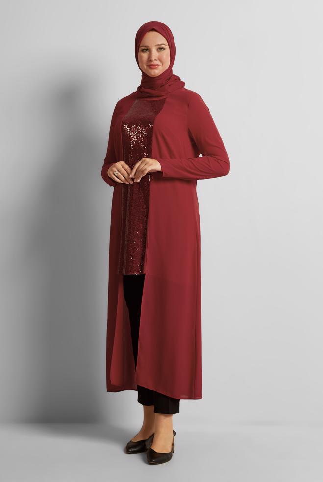 Vêtements hijab ROUGE TUNIQUE PAILLETÉE 40886 - ALVİNA
