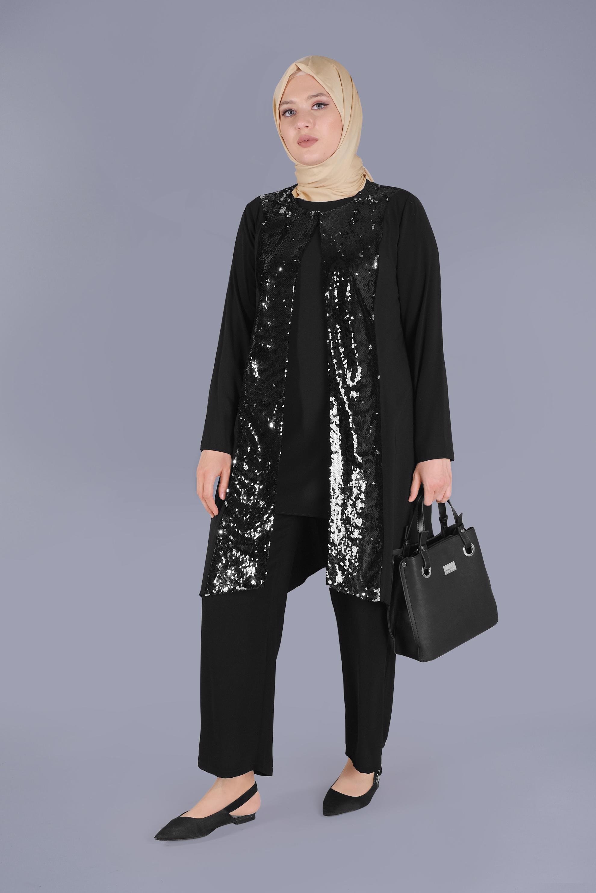 Tesettür giyim SİYAH PULLU ASİMETRİK İKİLİ TUNİK 40888