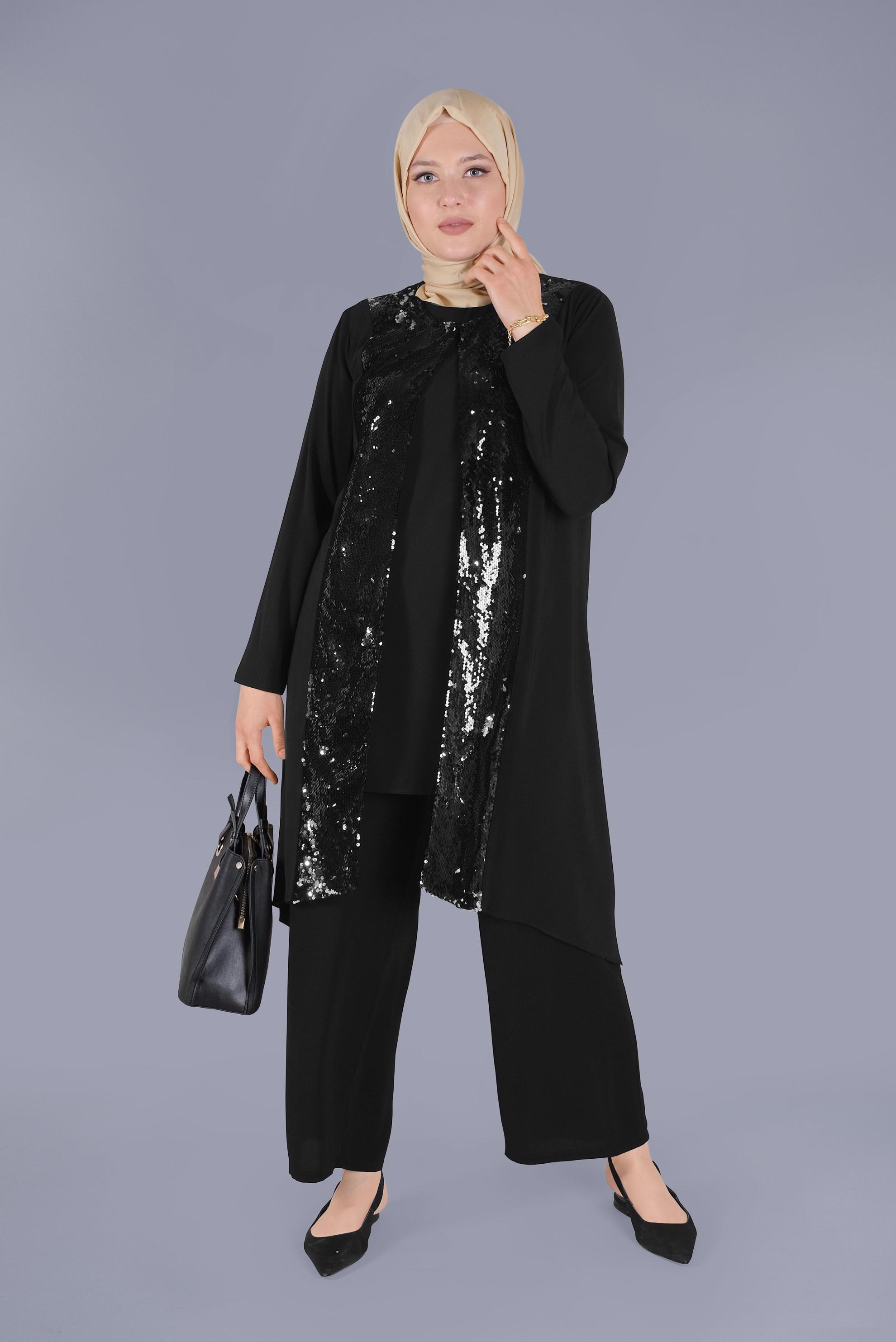Tesettür giyim SİYAH PULLU ASİMETRİK İKİLİ TUNİK 40888