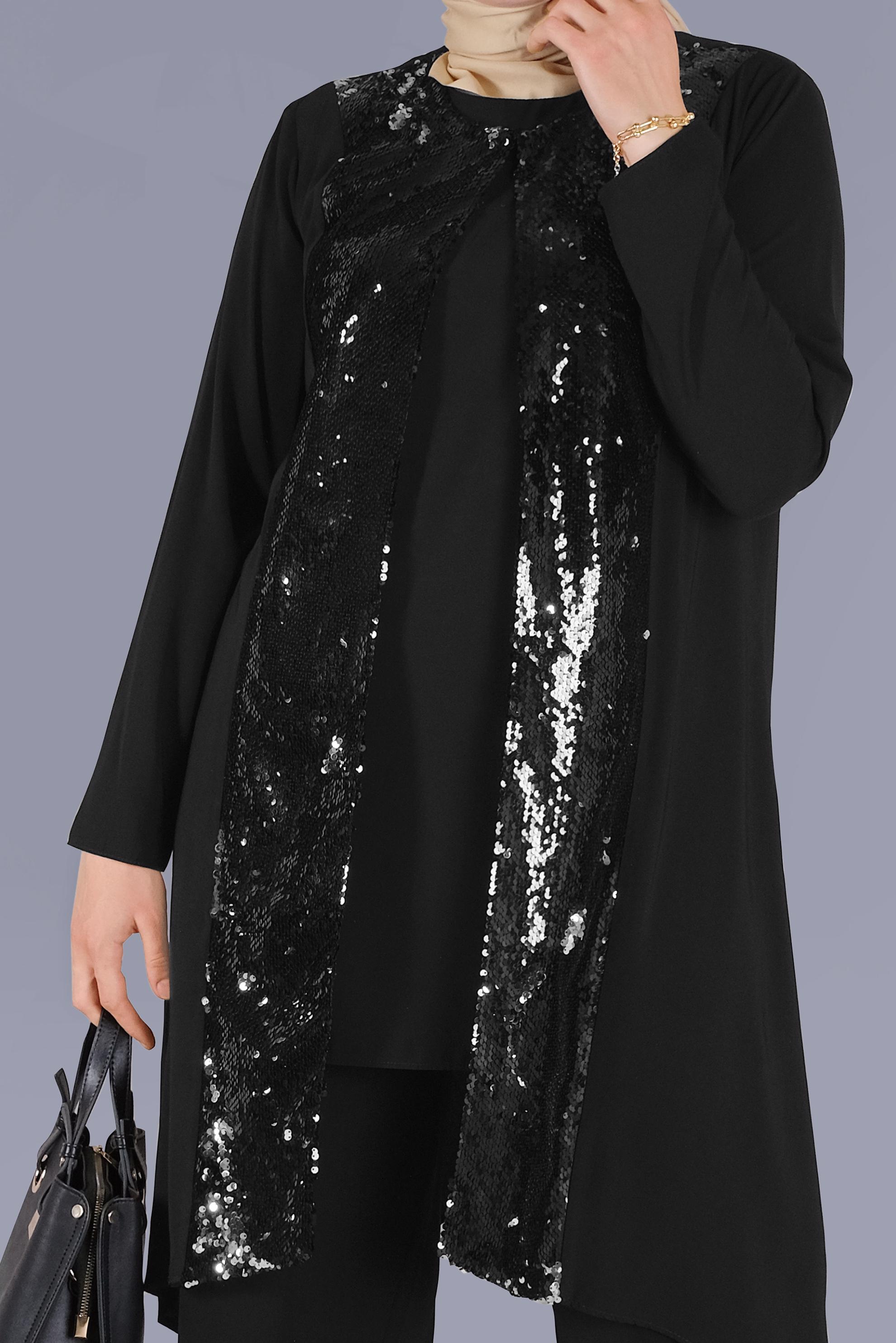 Tesettür giyim SİYAH PULLU ASİMETRİK İKİLİ TUNİK 40888