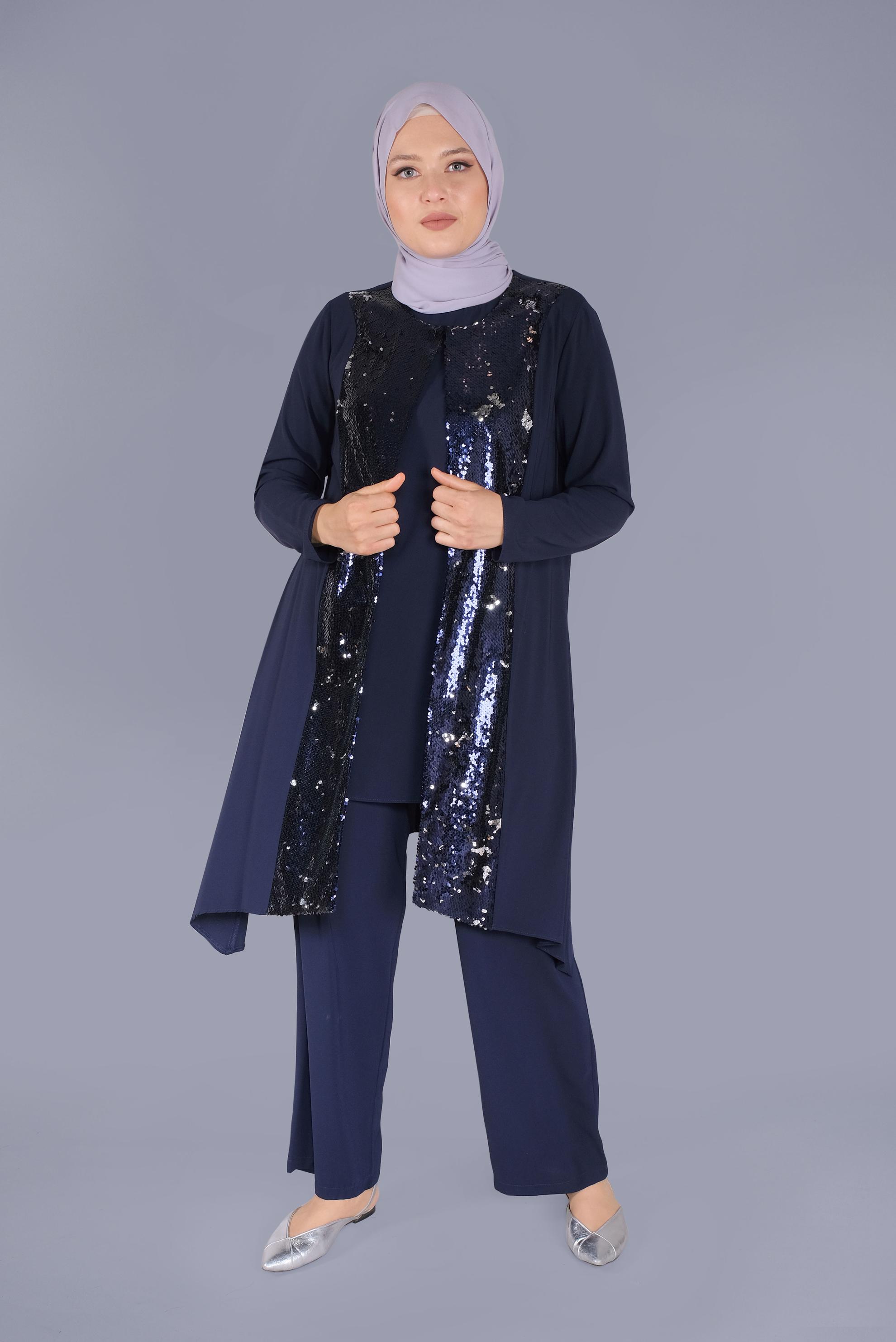 Tesettür giyim LACİVERT PULLU ASİMETRİK İKİLİ TUNİK 40888