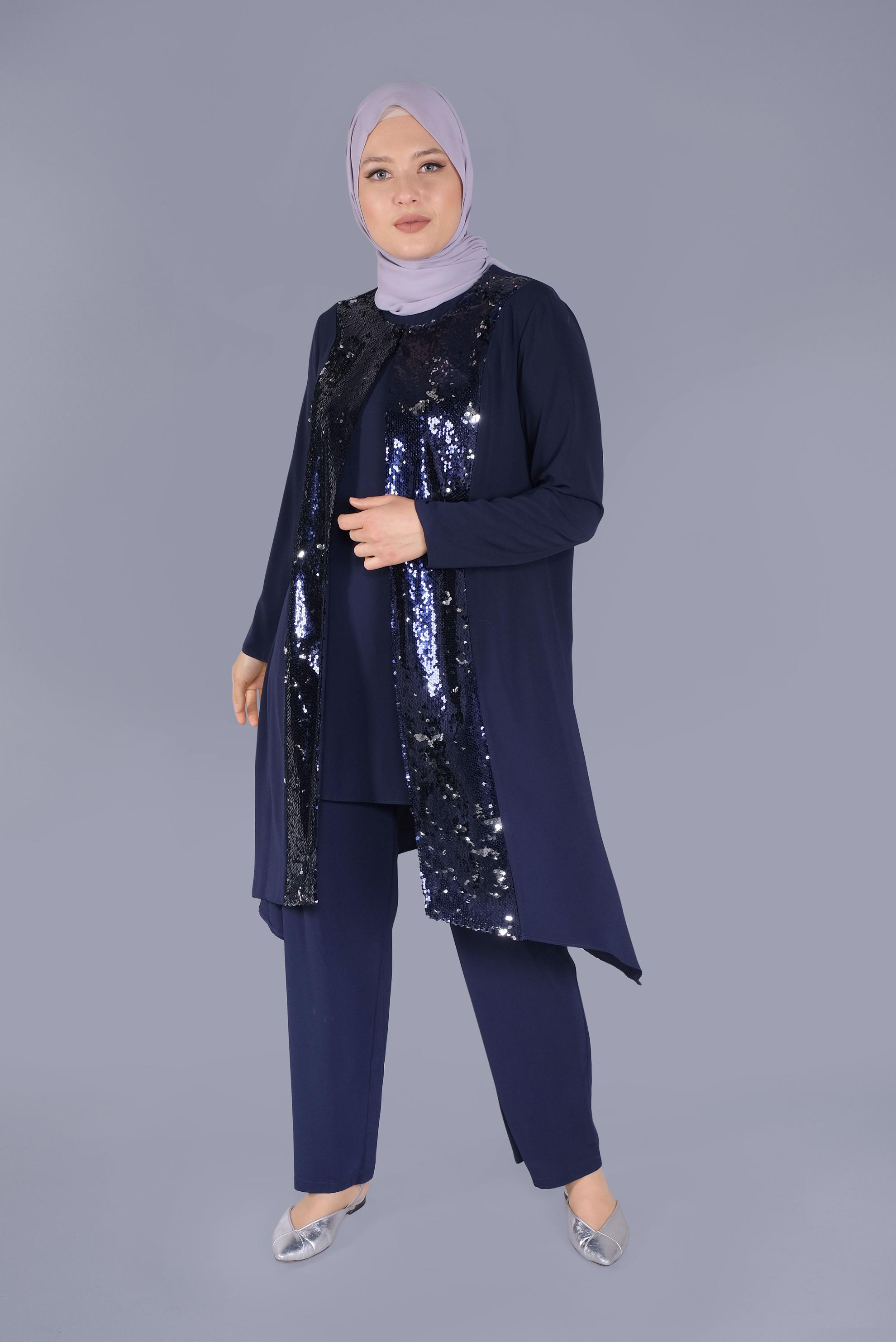 Tesettür giyim LACİVERT PULLU ASİMETRİK İKİLİ TUNİK 40888