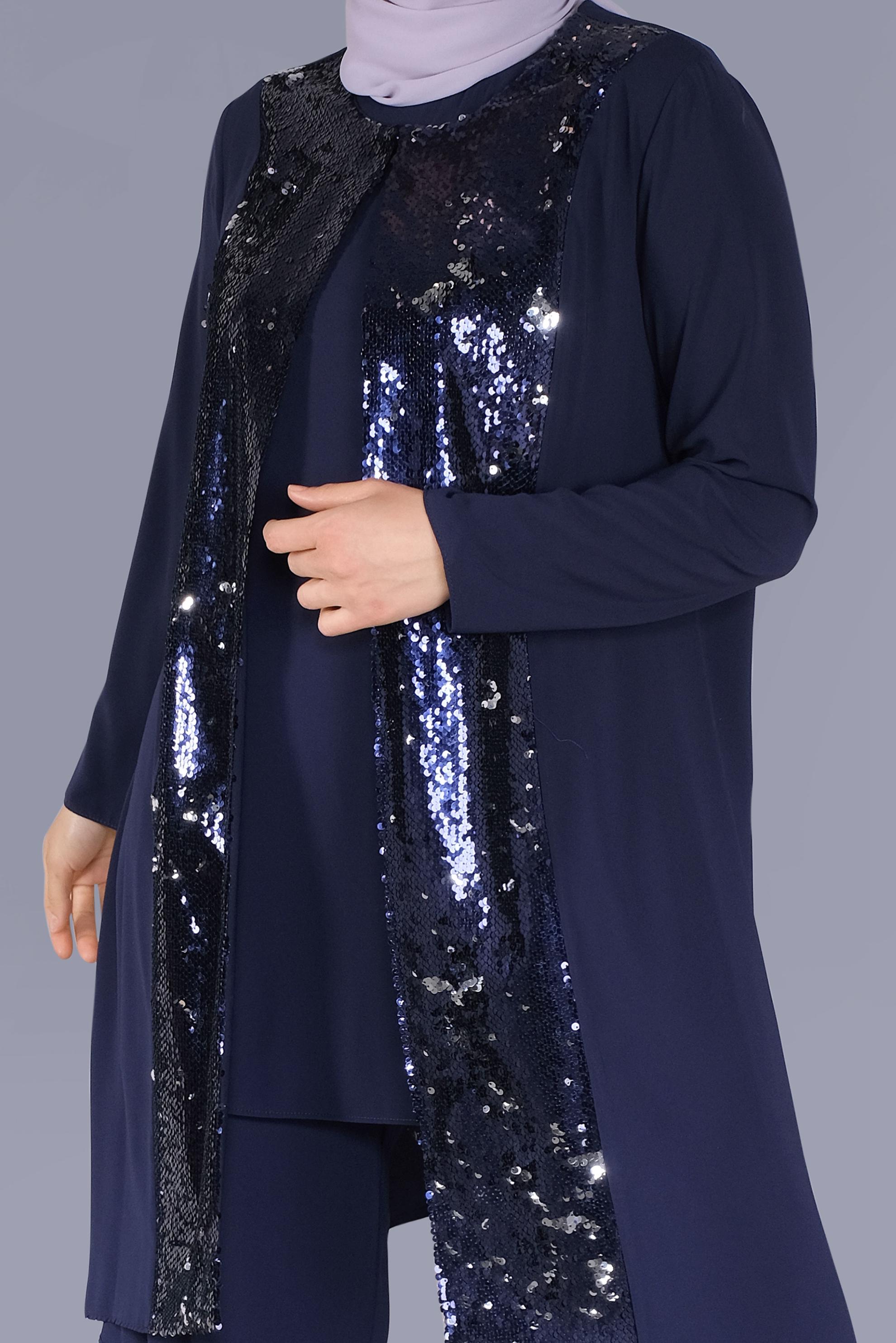 Tesettür giyim LACİVERT PULLU ASİMETRİK İKİLİ TUNİK 40888