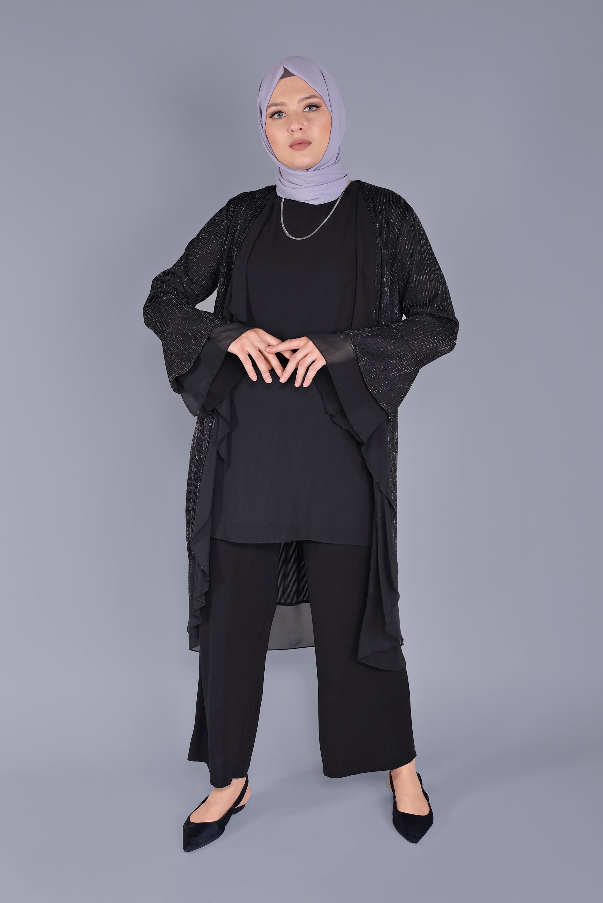 Tesettür giyim SİYAH VOLANLI ŞİFON DETAYLI SİMLİ İKİLİ TUNİK 40889
