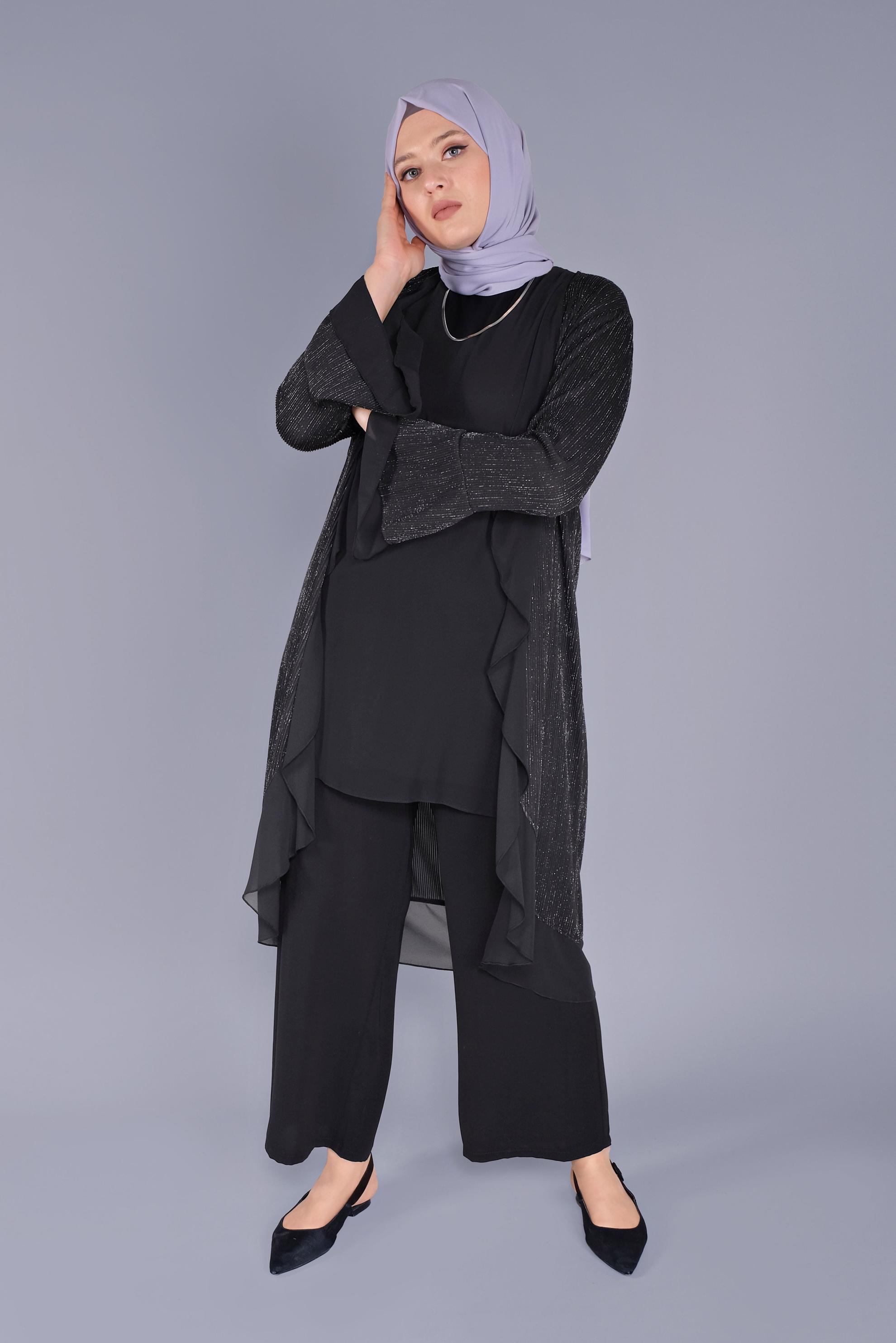 Tesettür giyim SİYAH VOLANLI ŞİFON DETAYLI SİMLİ İKİLİ TUNİK 40889