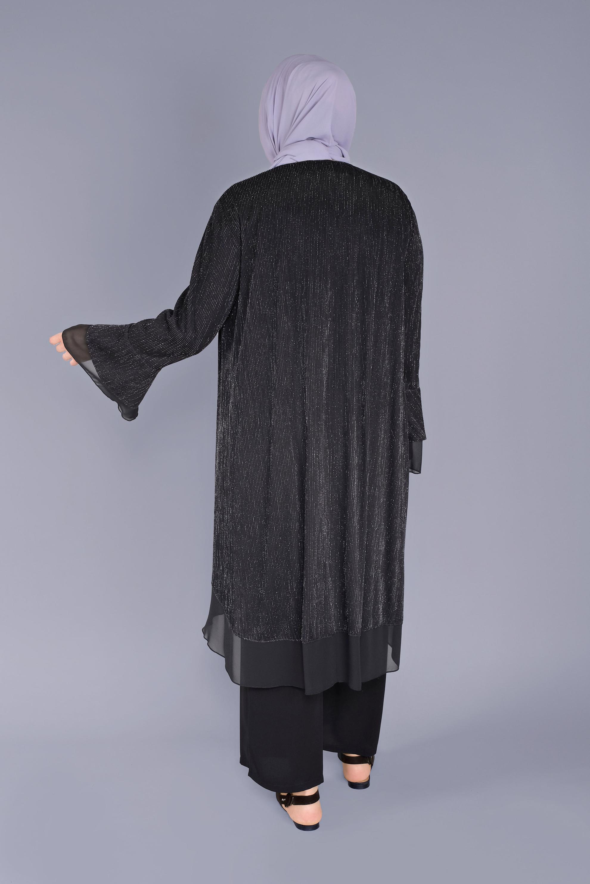 Tesettür giyim SİYAH VOLANLI ŞİFON DETAYLI SİMLİ İKİLİ TUNİK 40889