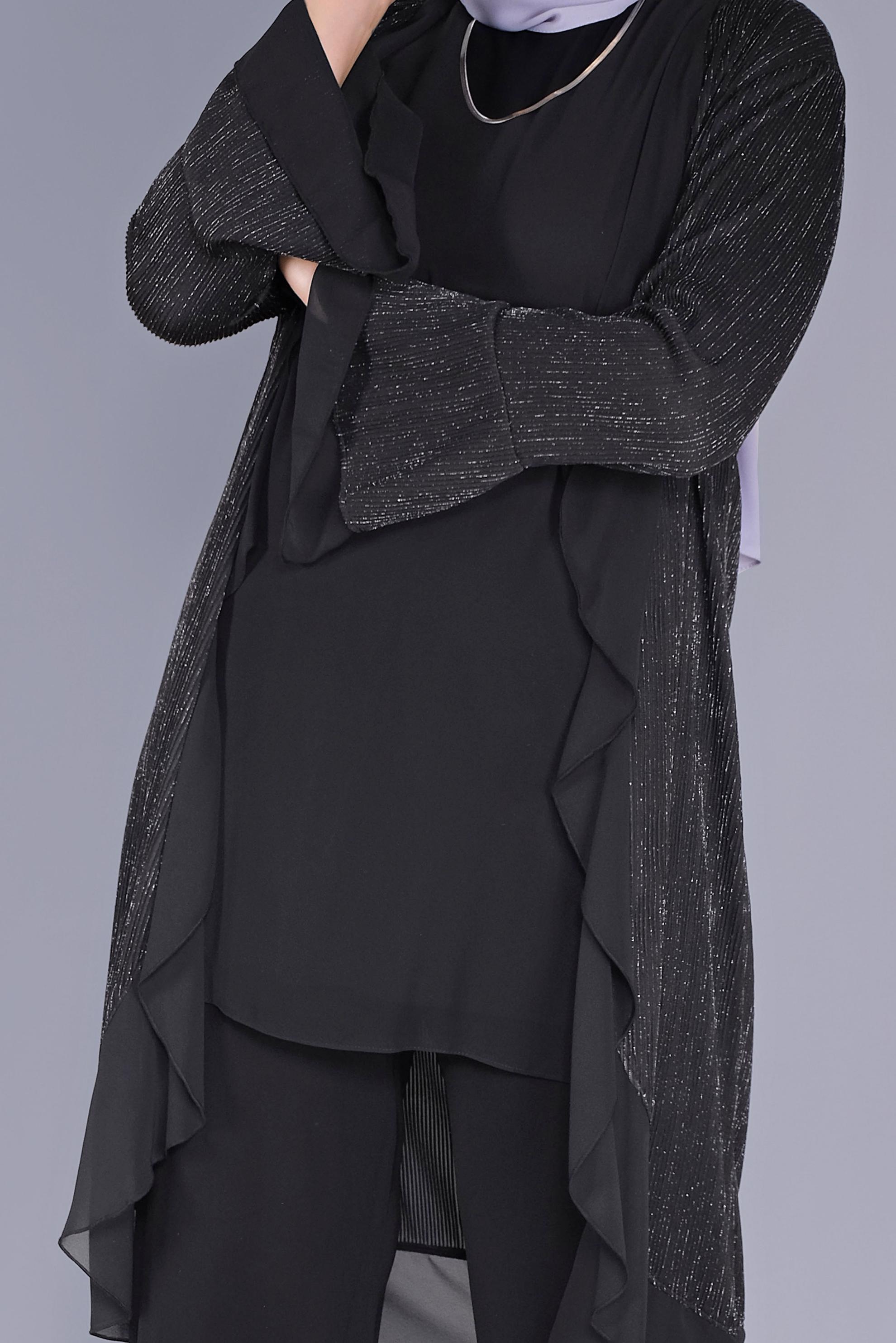 Tesettür giyim SİYAH VOLANLI ŞİFON DETAYLI SİMLİ İKİLİ TUNİK 40889