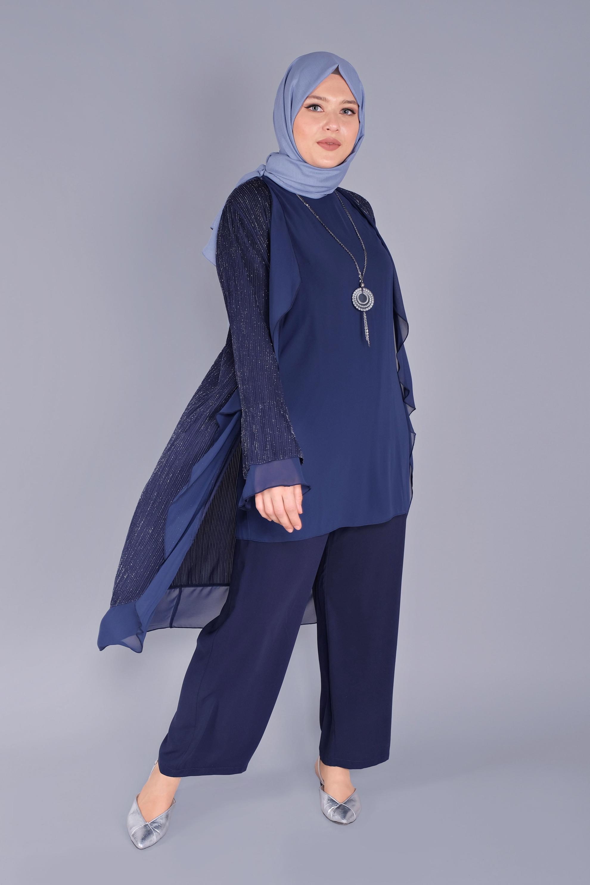 Tesettür giyim LACİVERT VOLANLI ŞİFON DETAYLI SİMLİ İKİLİ TUNİK 40889