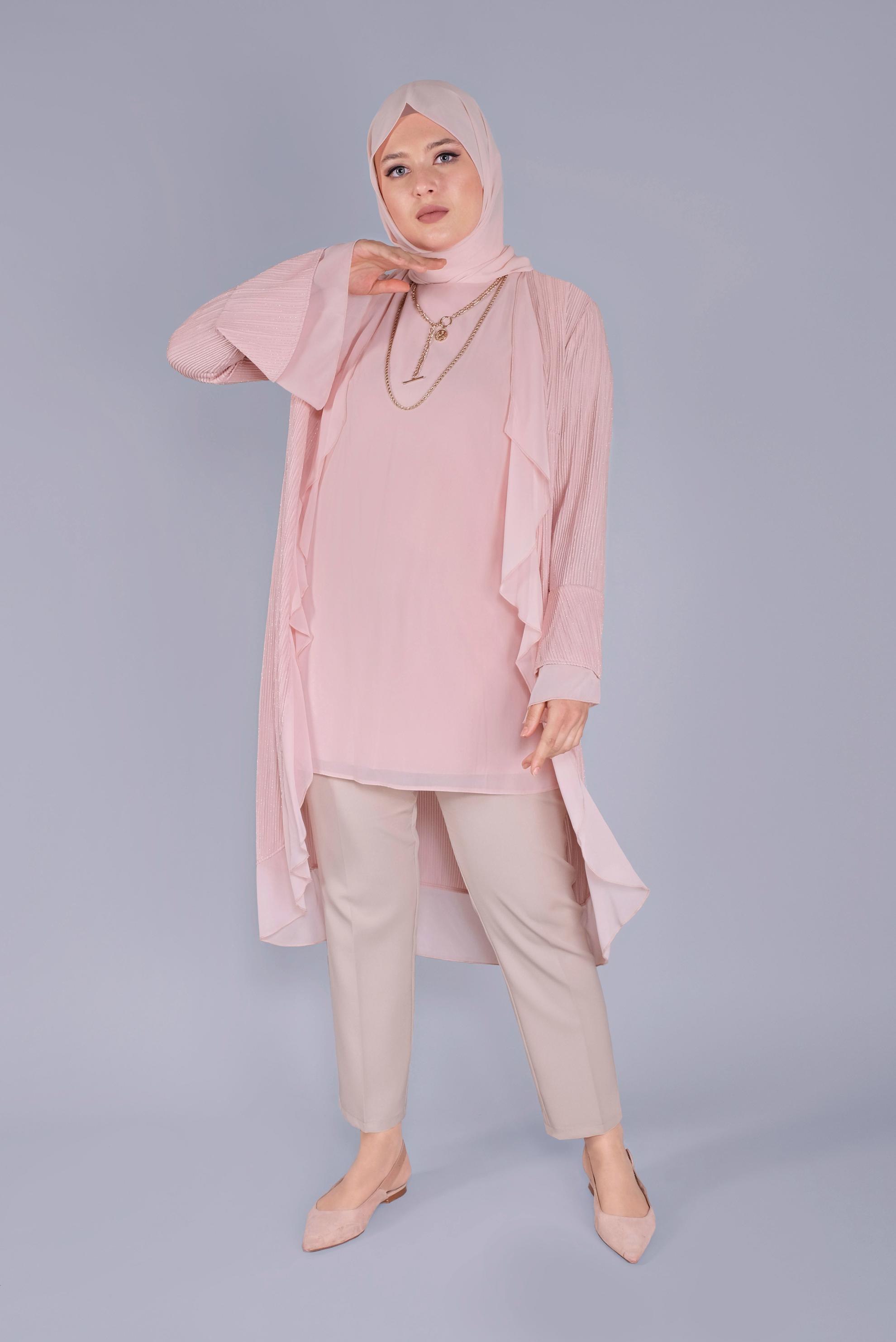 Tesettür giyim PUDRA VOLANLI ŞİFON DETAYLI SİMLİ İKİLİ TUNİK 40889