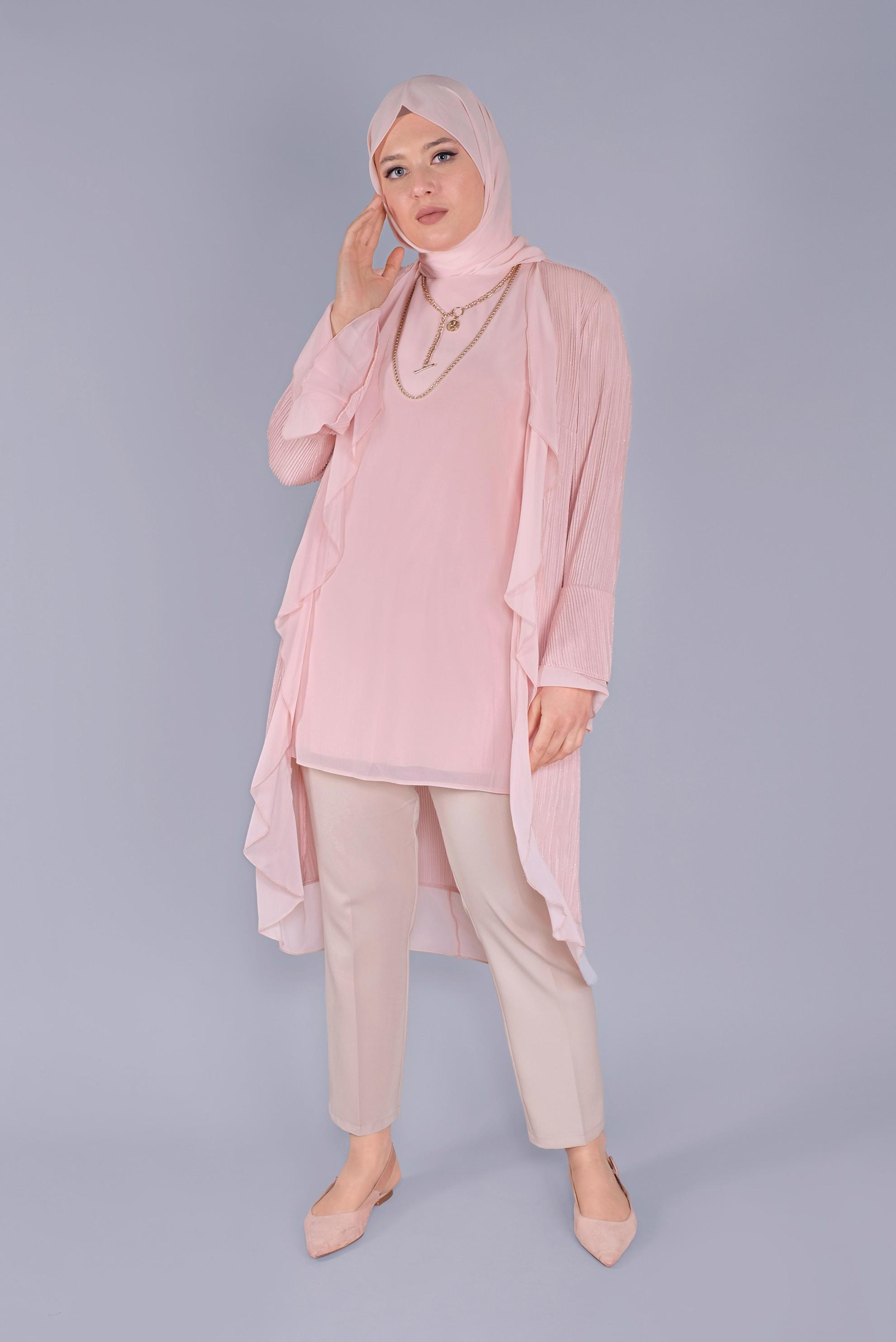 Tesettür giyim PUDRA VOLANLI ŞİFON DETAYLI SİMLİ İKİLİ TUNİK 40889