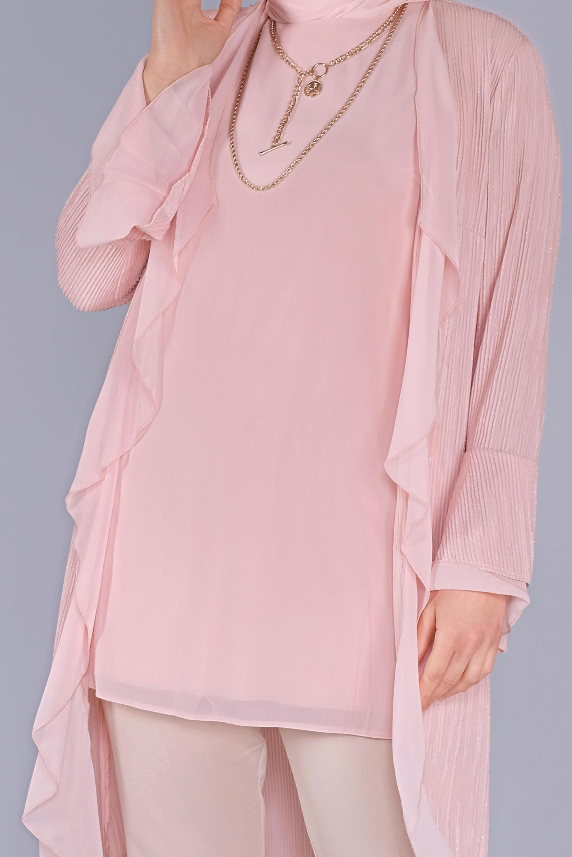 Tesettür giyim PUDRA VOLANLI ŞİFON DETAYLI SİMLİ İKİLİ TUNİK 40889