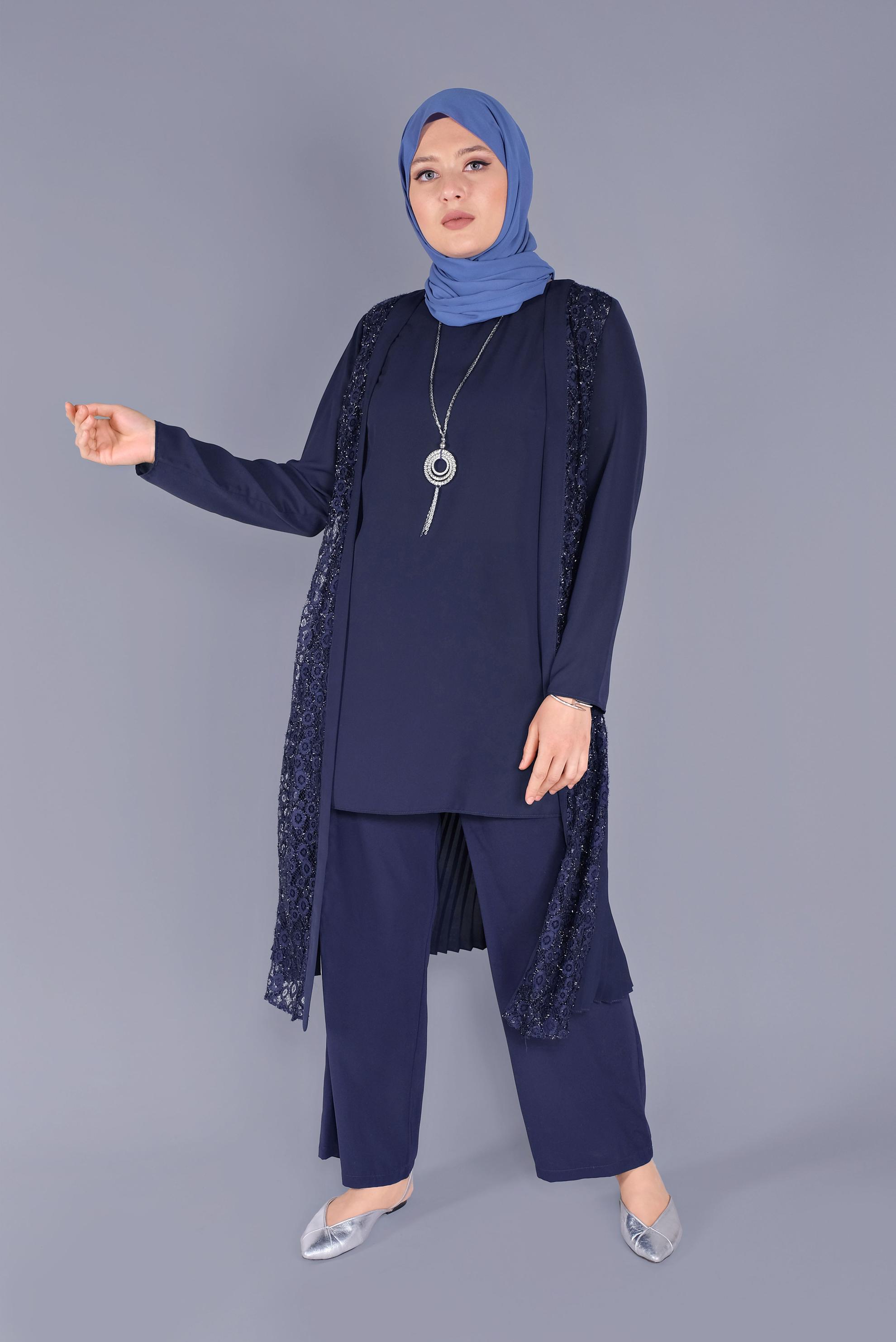 Tesettür giyim LACİVERT SİMLİ DANTELLİ İKİLİ  TUNİK 40890 