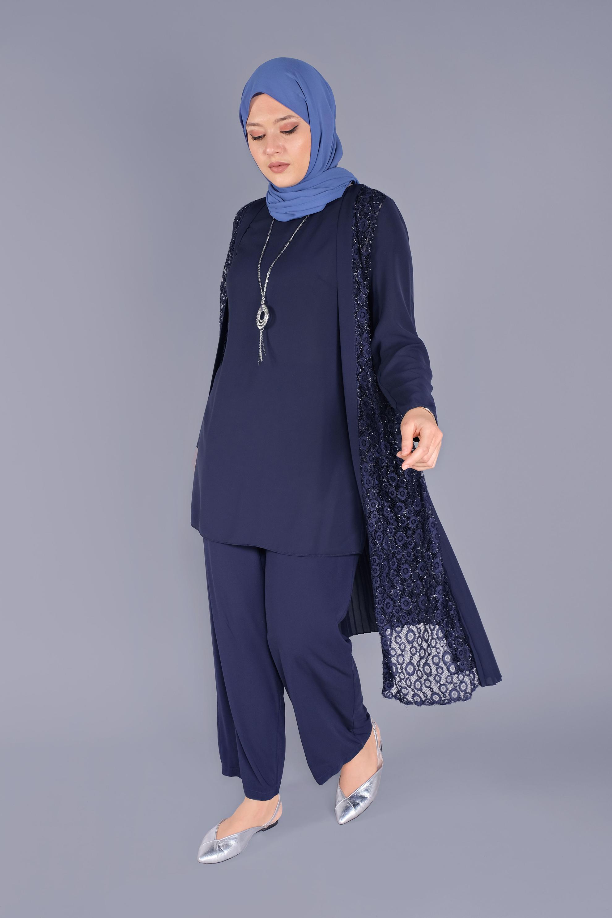 Tesettür giyim LACİVERT SİMLİ DANTELLİ İKİLİ  TUNİK 40890 