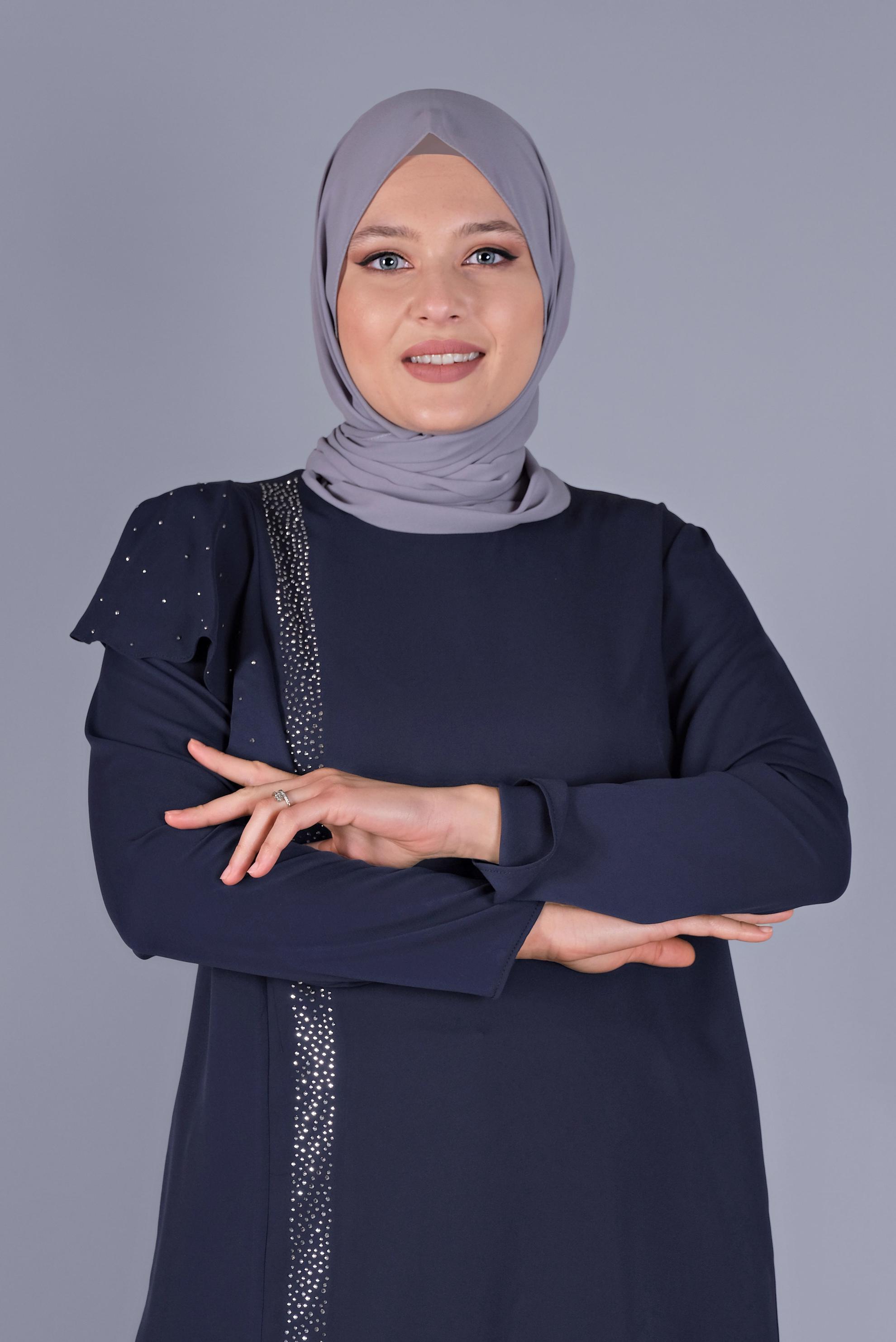 Tesettür giyim LACİVERT FIRFIRLI TAŞ BASKILI TUNİK 40892 