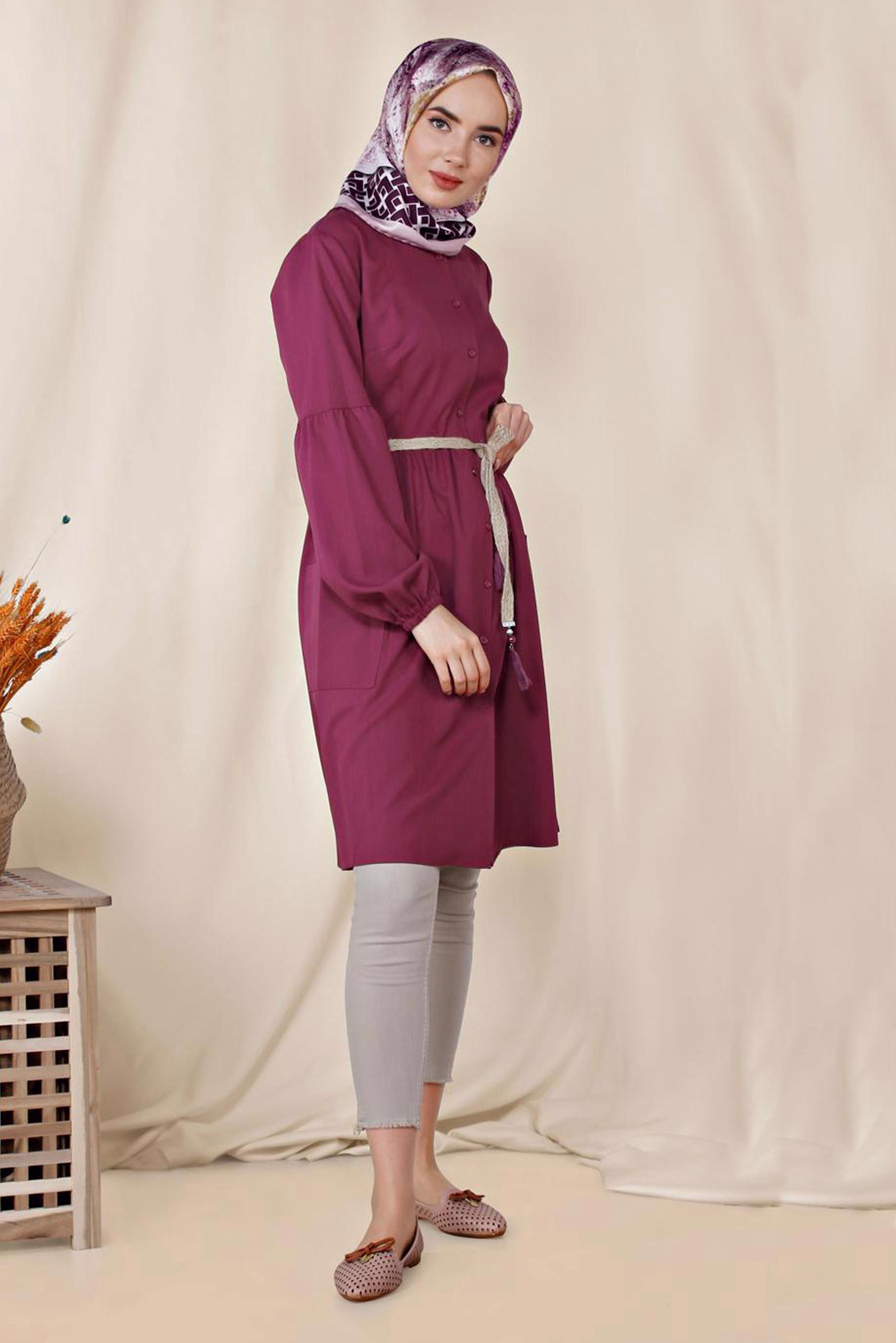 Tesettür giyim MOR DÜĞMELİ TUNİK 4114