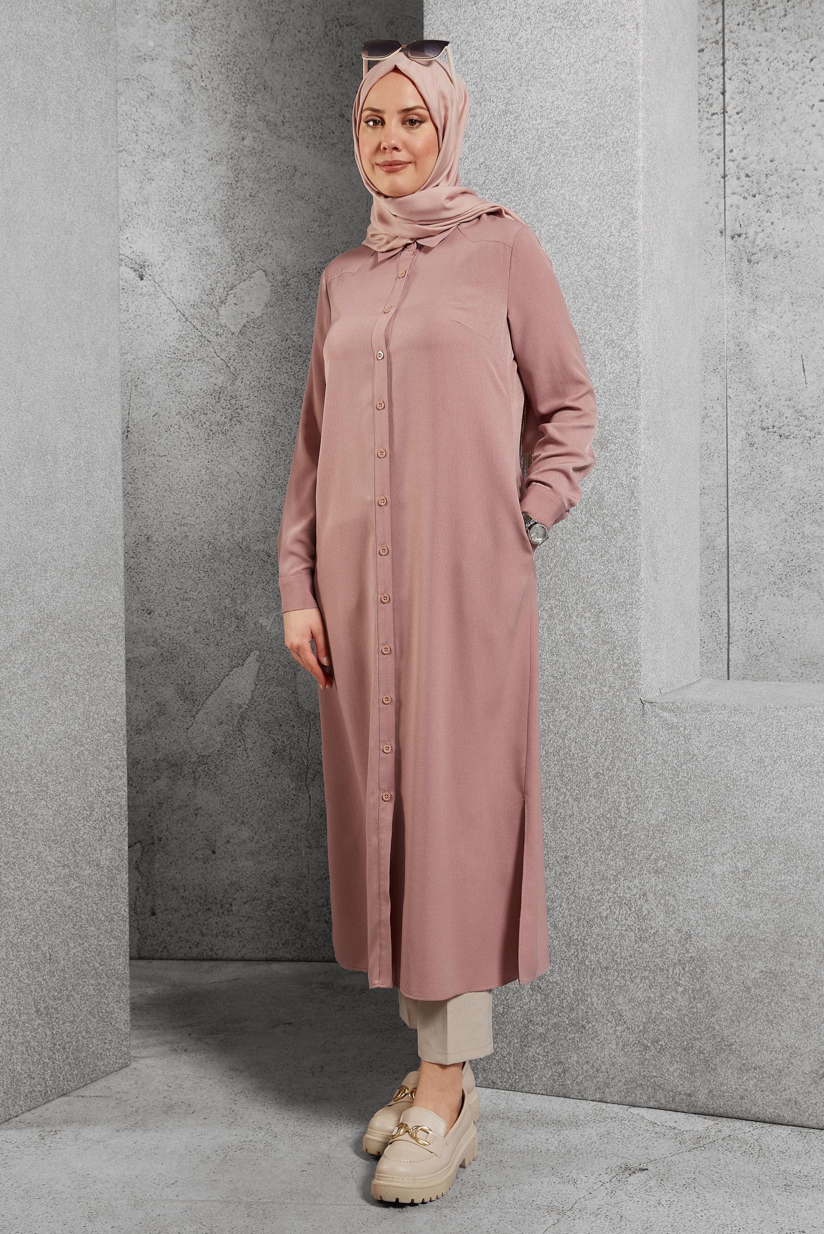 Tesettür giyim PUDRA YANLARI YIRTMAÇLI DÜĞMELİ TUNİK 4854