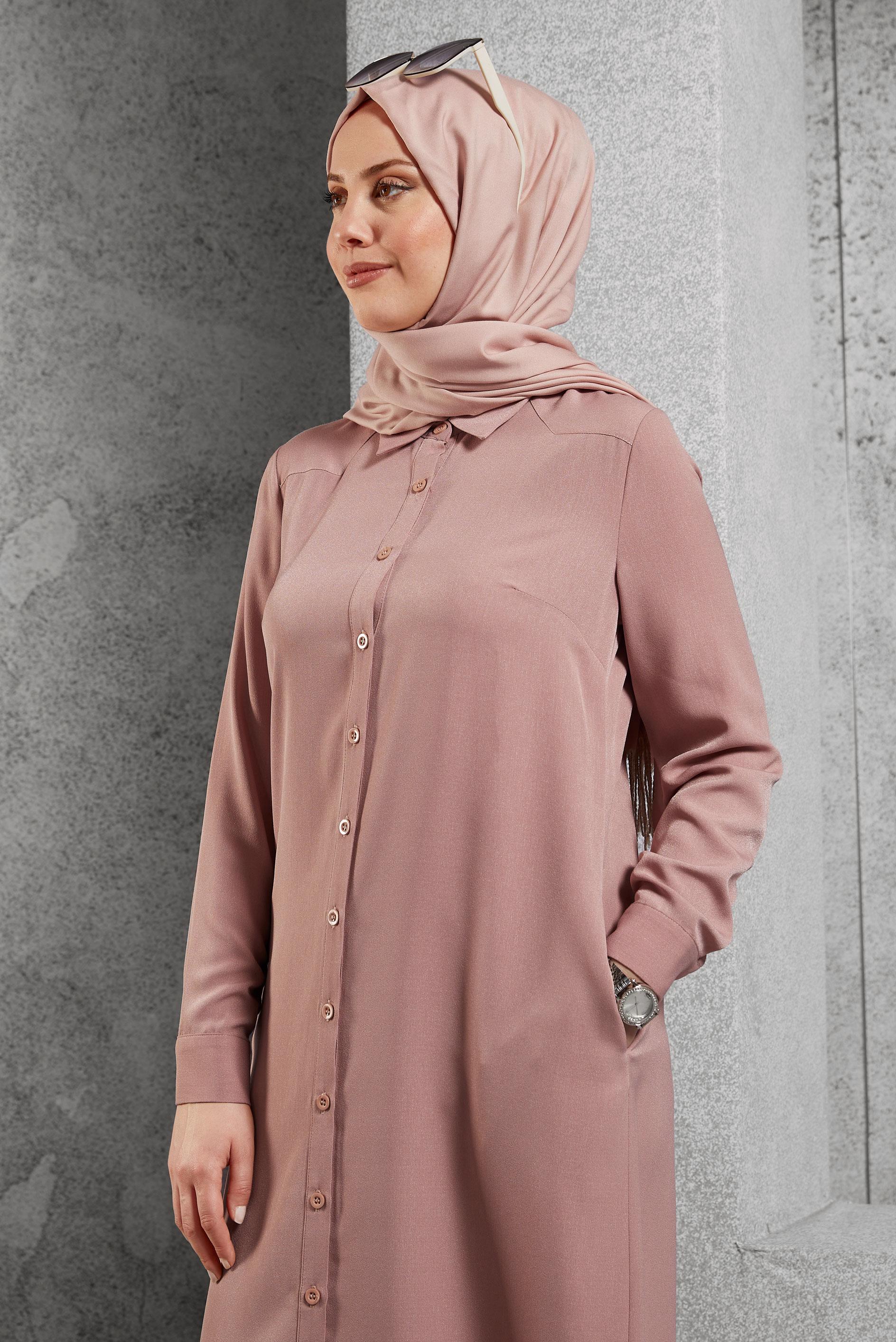 Tesettür giyim PUDRA YANLARI YIRTMAÇLI DÜĞMELİ TUNİK 4854