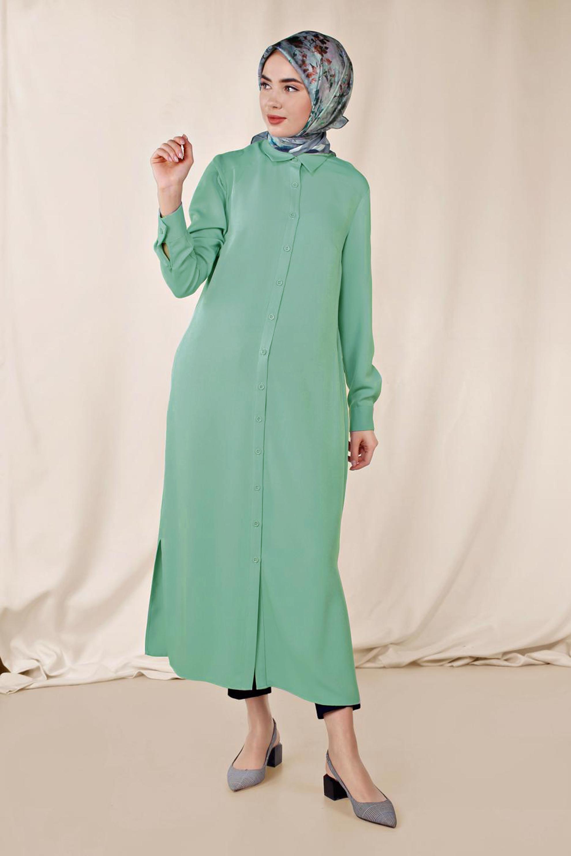 Vêtements hijab VERT TUNIQUE BOUTONNÉE FENTES LATÉRALES 4854