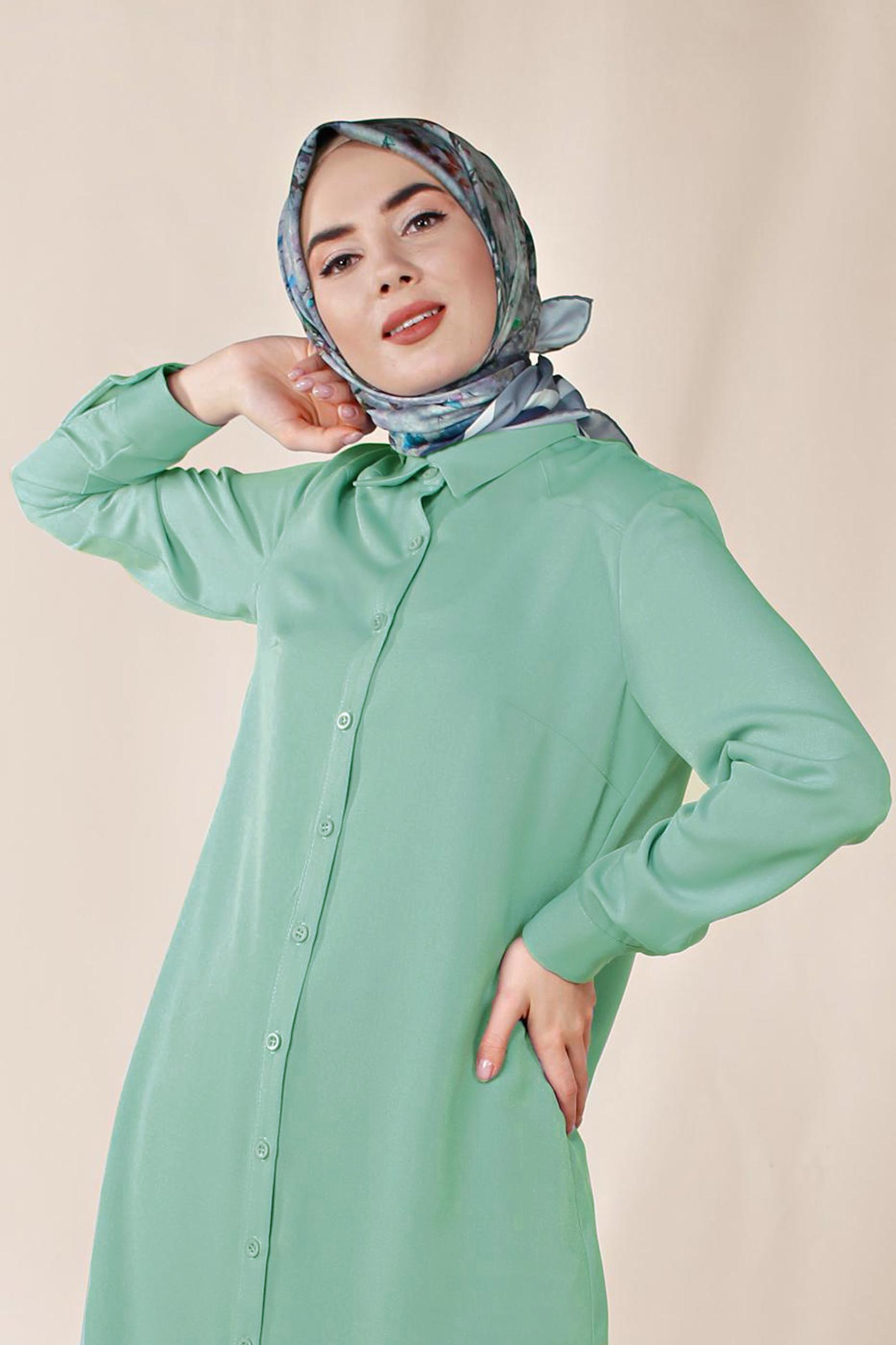 Vêtements hijab VERT TUNIQUE BOUTONNÉE FENTES LATÉRALES 4854