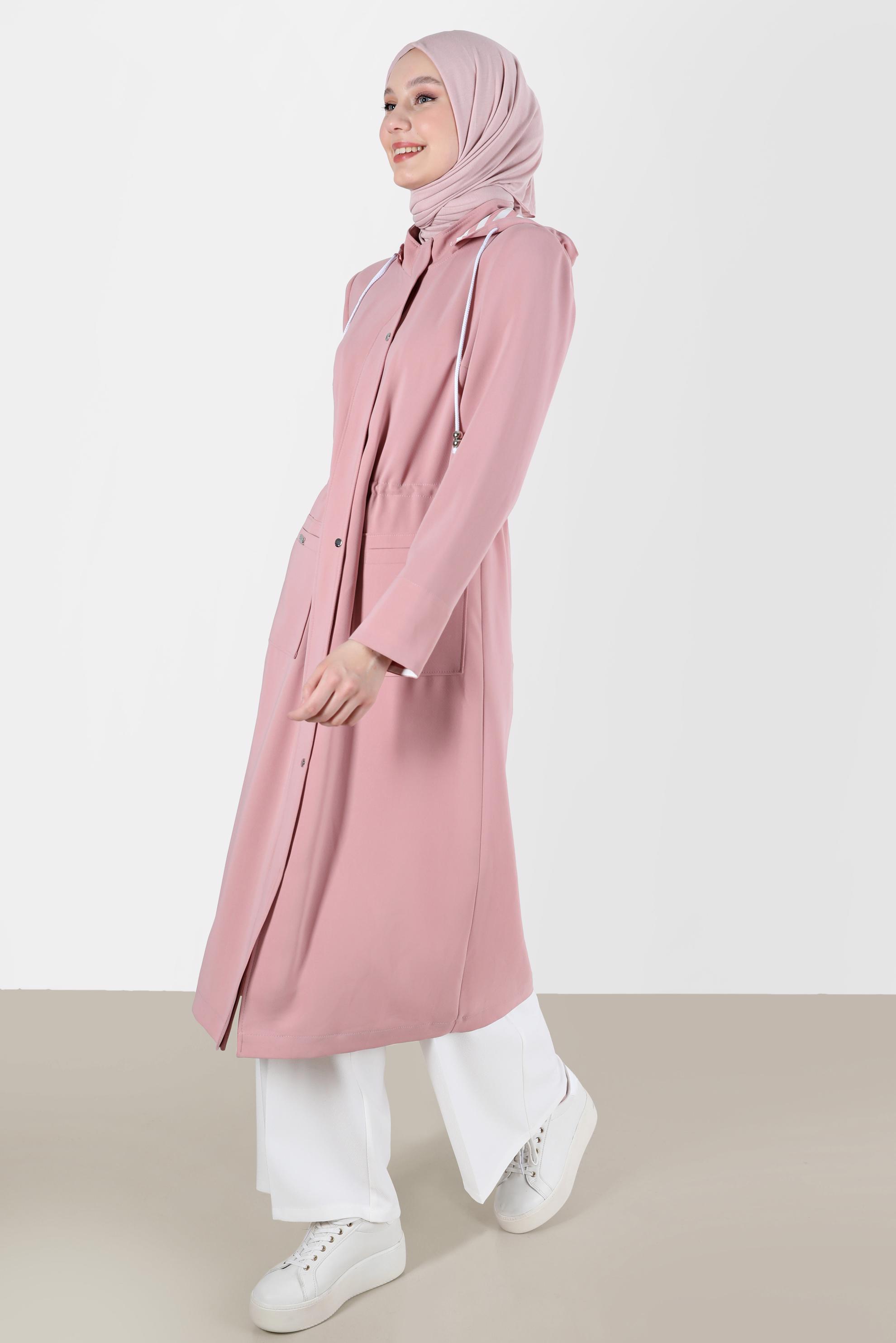 Tesettür giyim PUDRA KAPÜŞONLU FERMUARLI TRENÇKOT 10150