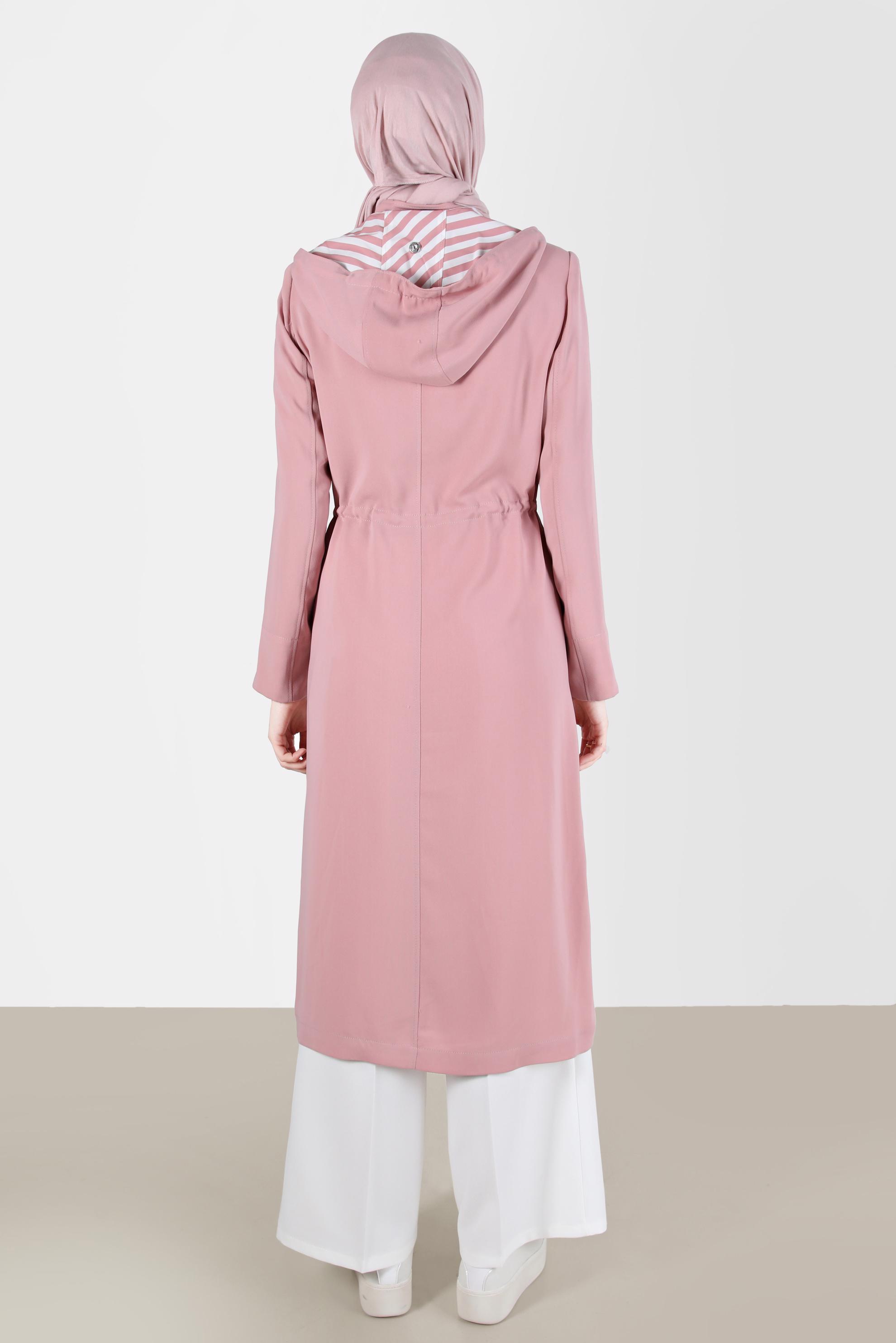 Tesettür giyim PUDRA KAPÜŞONLU FERMUARLI TRENÇKOT 10150
