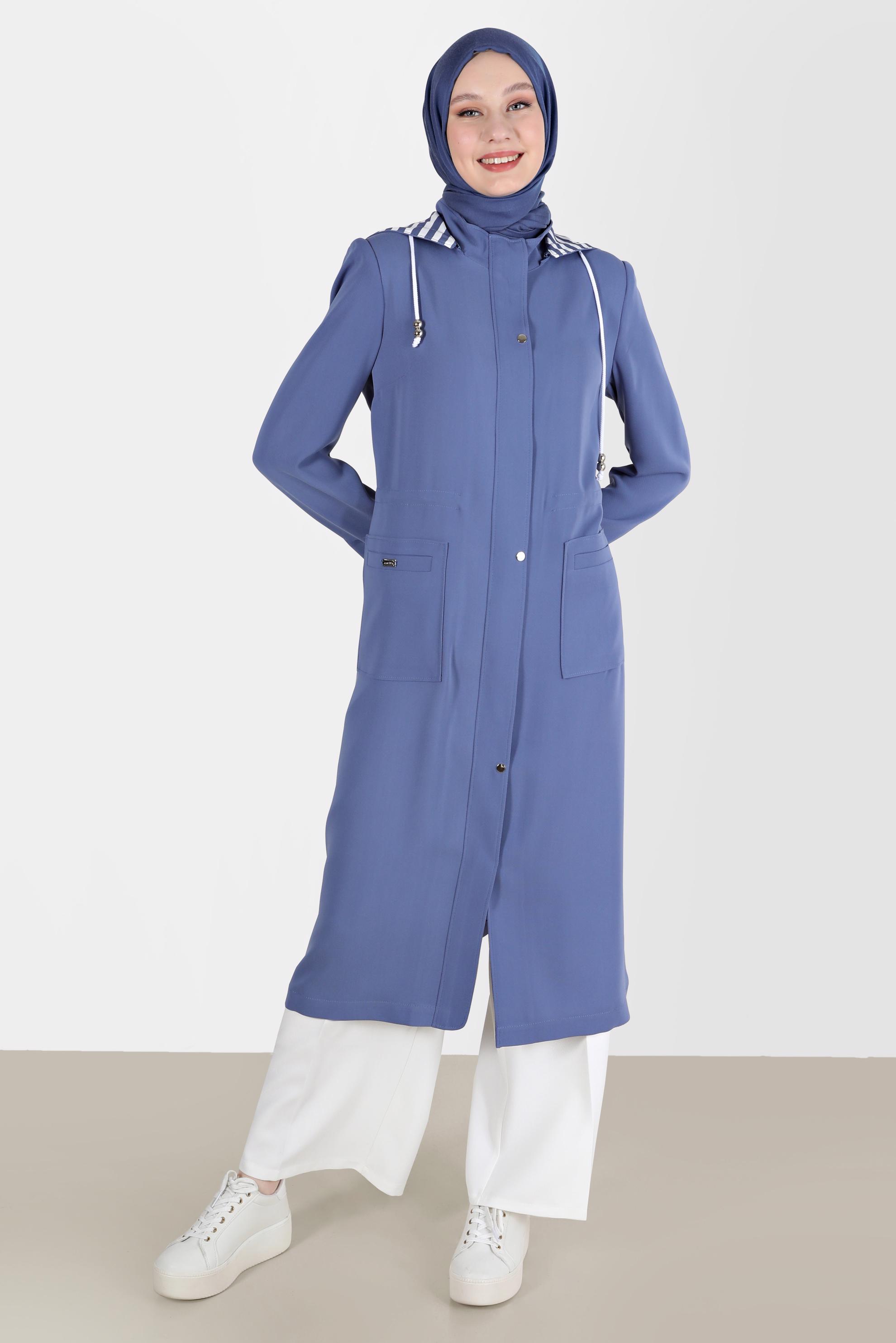 Tesettür giyim LACİVERT KAPÜŞONLU FERMUARLI TRENÇKOT 10150