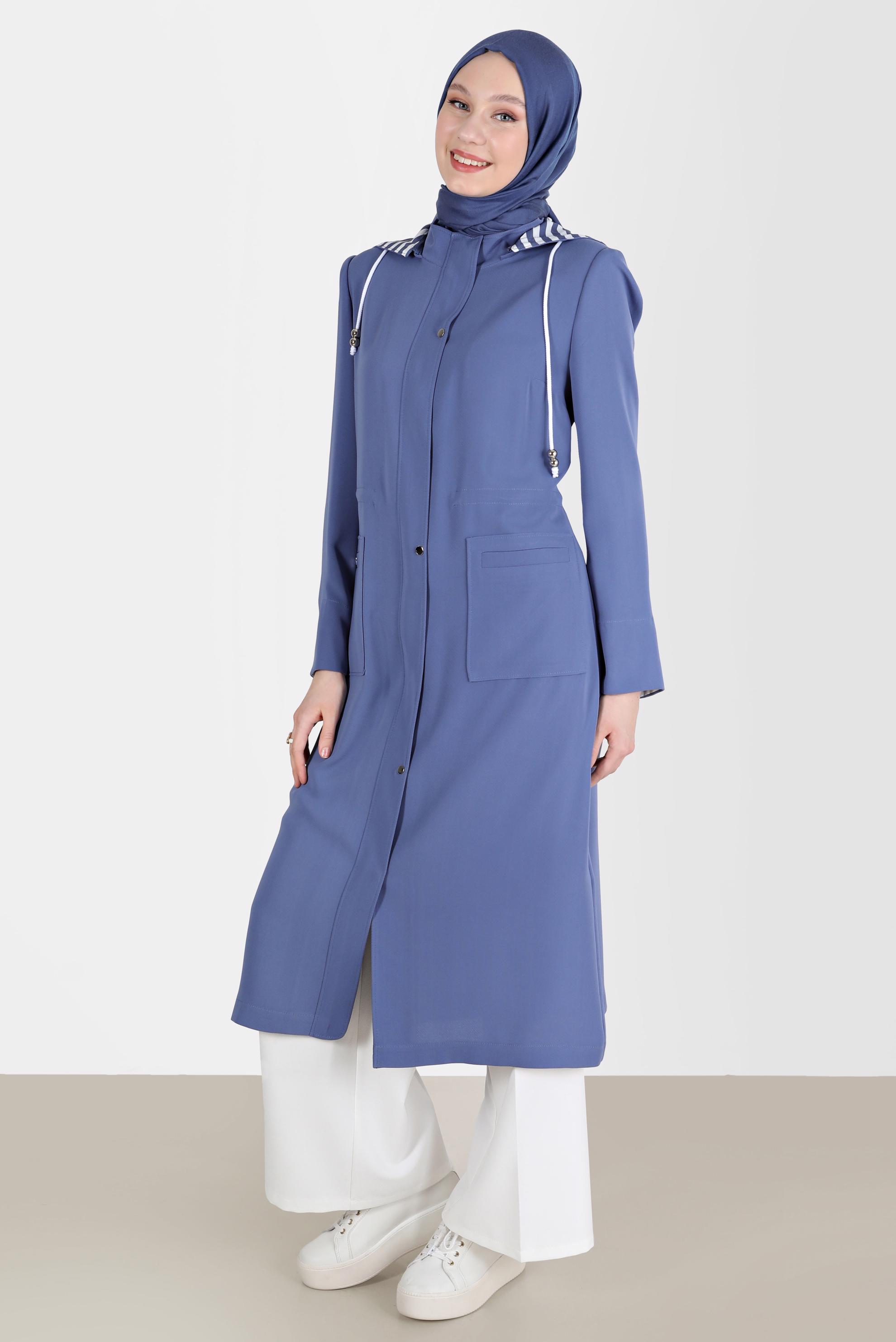 Tesettür giyim LACİVERT KAPÜŞONLU FERMUARLI TRENÇKOT 10150