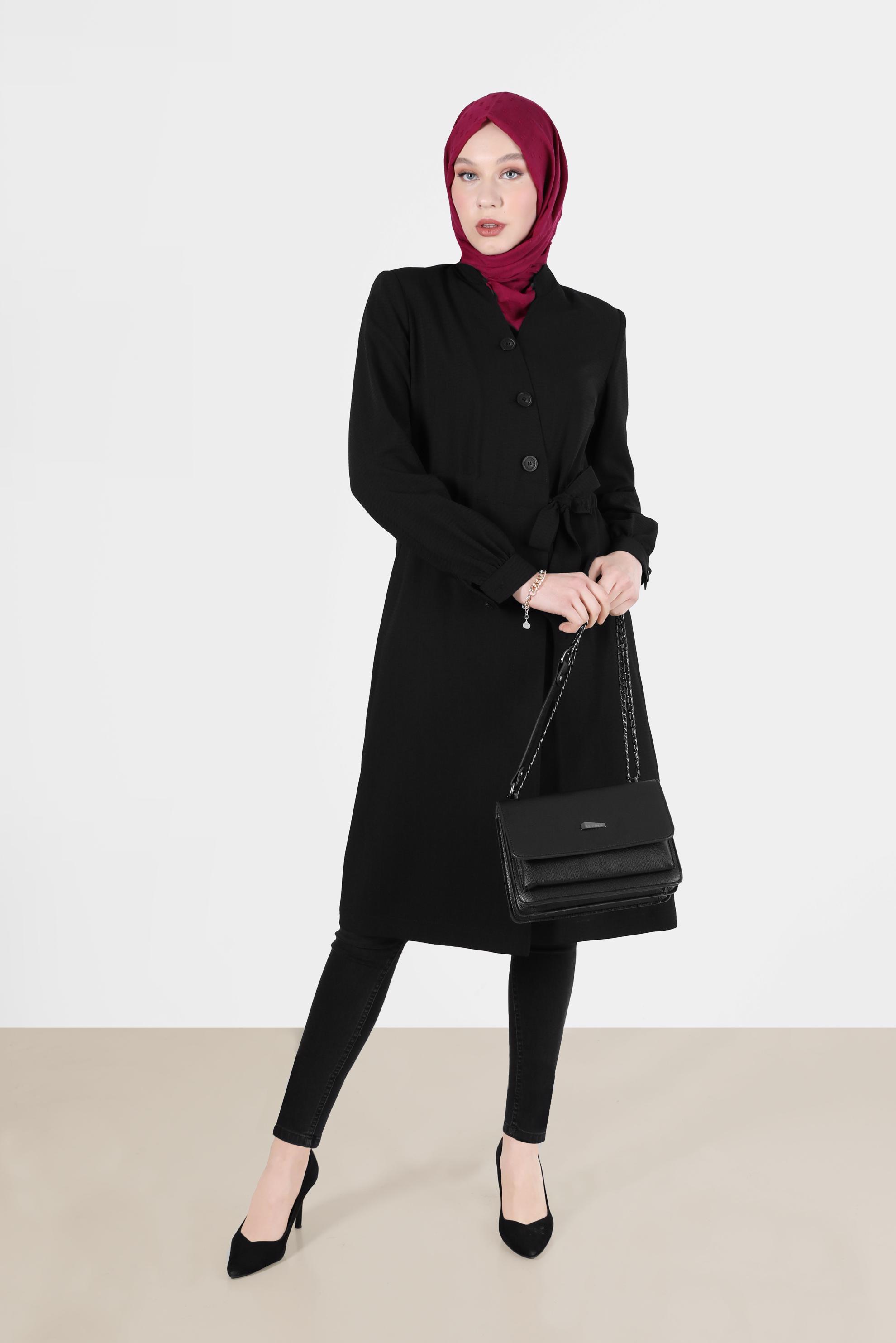 Tesettür giyim SİYAH HAKİM YAKA KUŞAKLI TRENÇKOT 10171