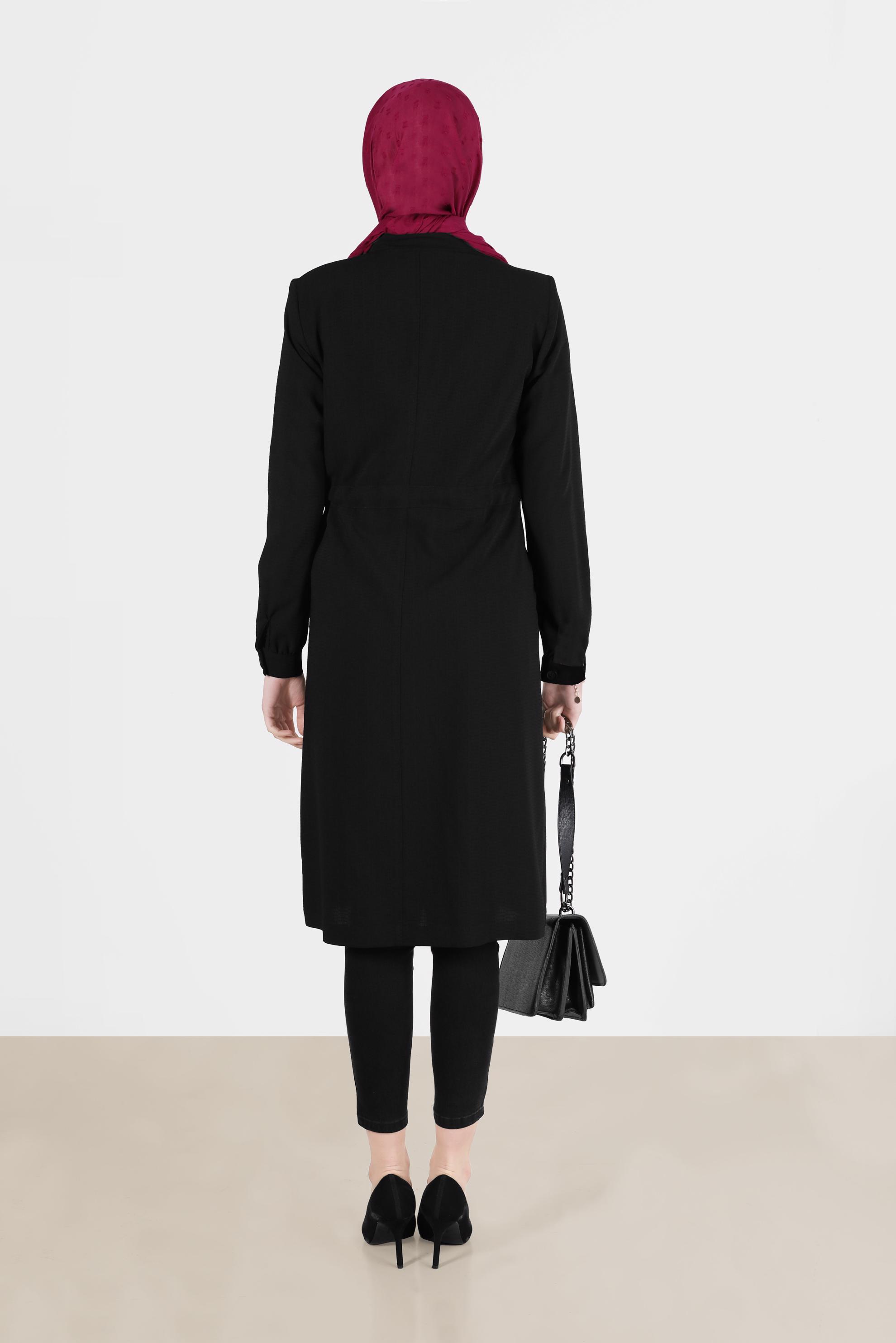 Tesettür giyim SİYAH HAKİM YAKA KUŞAKLI TRENÇKOT 10171