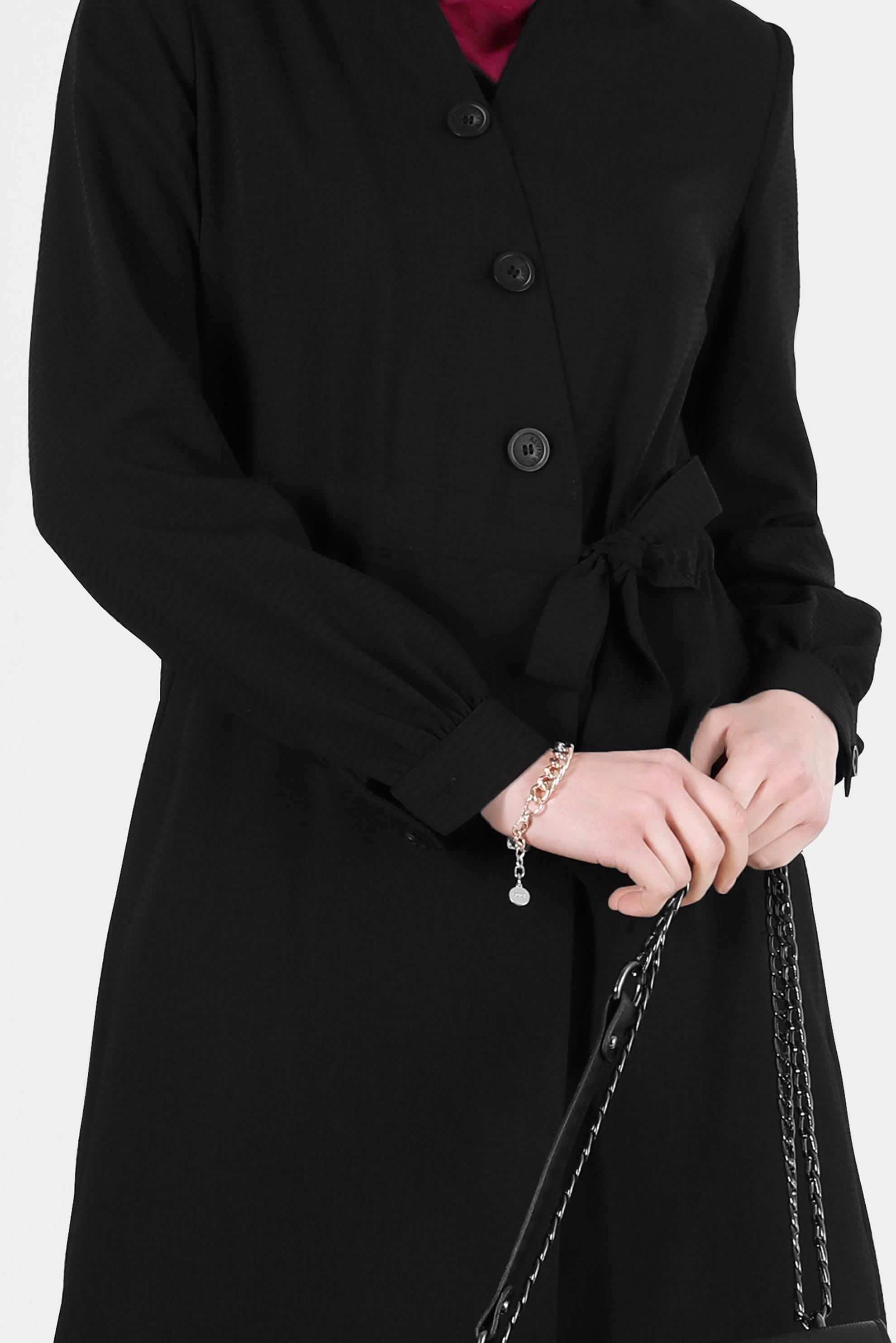 Tesettür giyim SİYAH HAKİM YAKA KUŞAKLI TRENÇKOT 10171