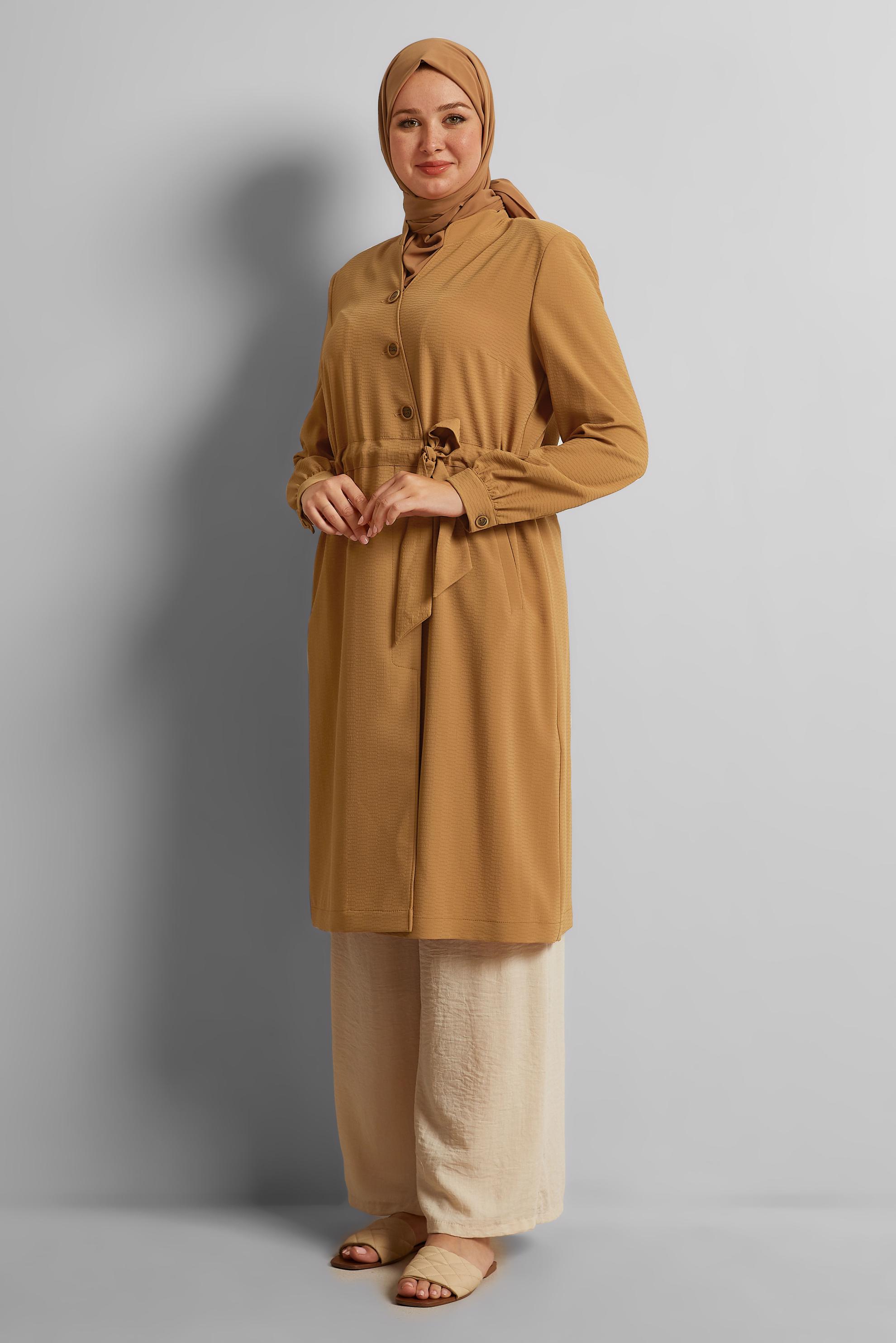 Hijab clothing BROWN MANDARIN COLLAR TIE-WAIST TRENCH-COAT 10171