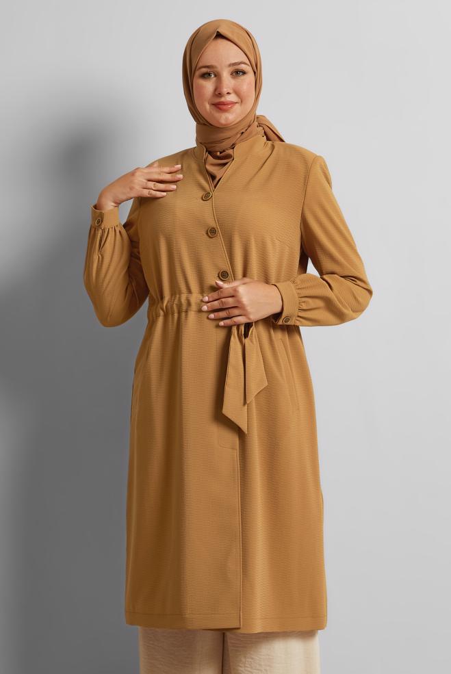 Vêtements hijab BRUN TRENCH-COAT À COL MAO TAILLE-NOUÉE 10171 - ALVİNA