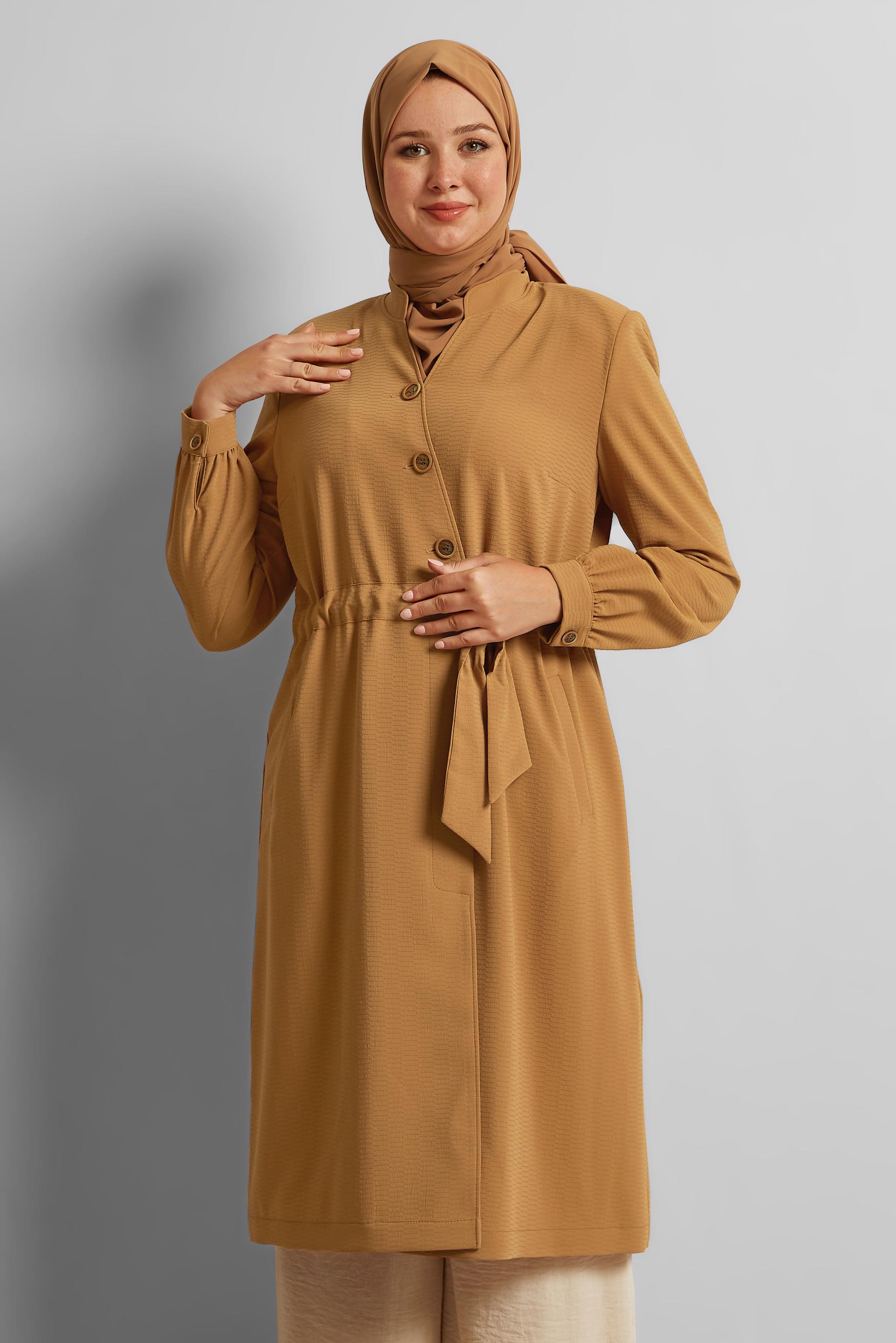 Hijab clothing BROWN MANDARIN COLLAR TIE-WAIST TRENCH-COAT 10171