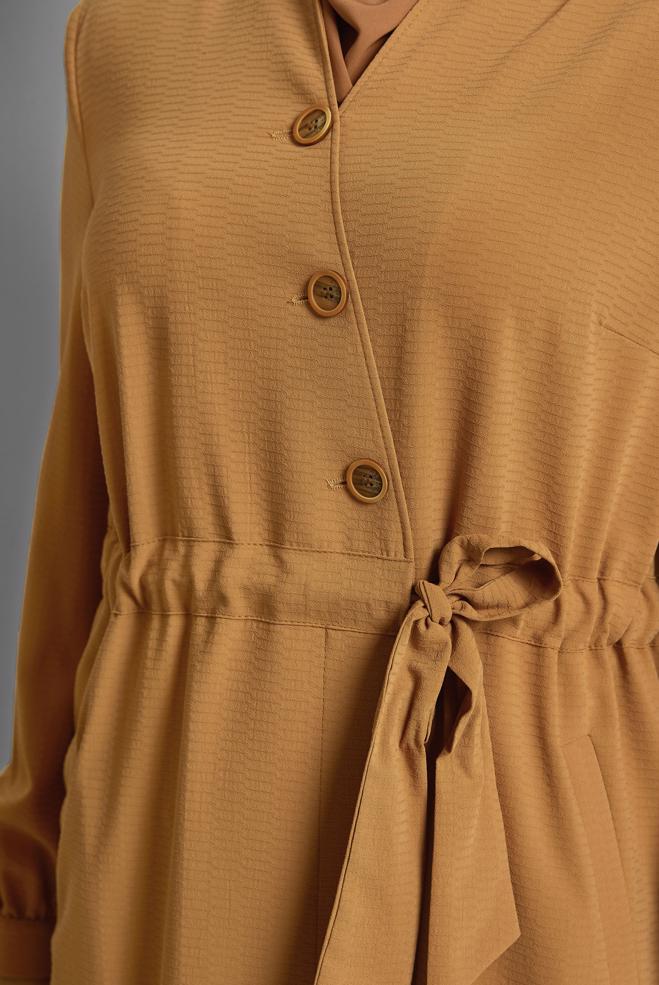 Vêtements hijab BRUN TRENCH-COAT À COL MAO TAILLE-NOUÉE 10171 - ALVİNA