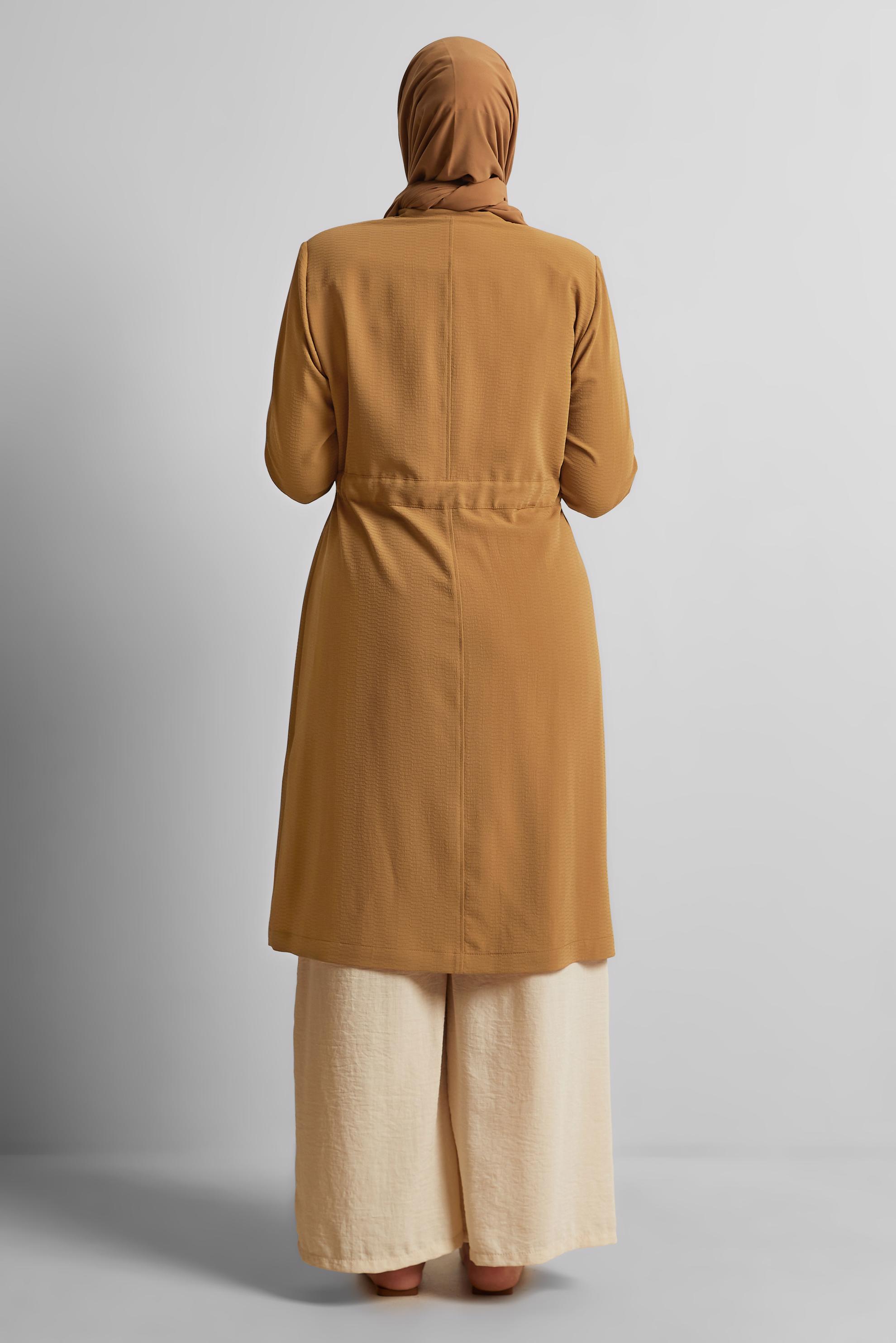Hijab clothing BROWN MANDARIN COLLAR TIE-WAIST TRENCH-COAT 10171