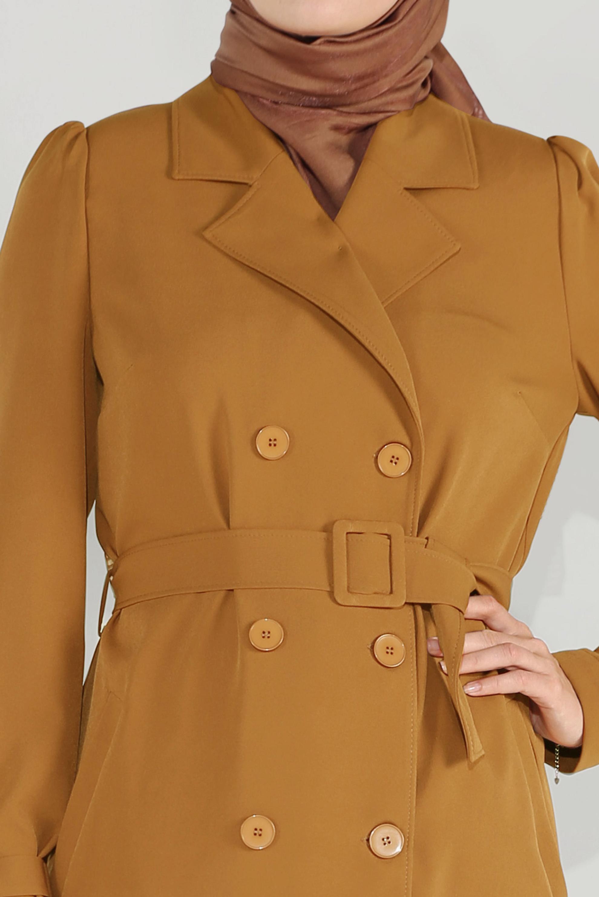 Tesettür giyim SARI KRUVAZE DÜĞMELİ TRENÇKOT 10210 