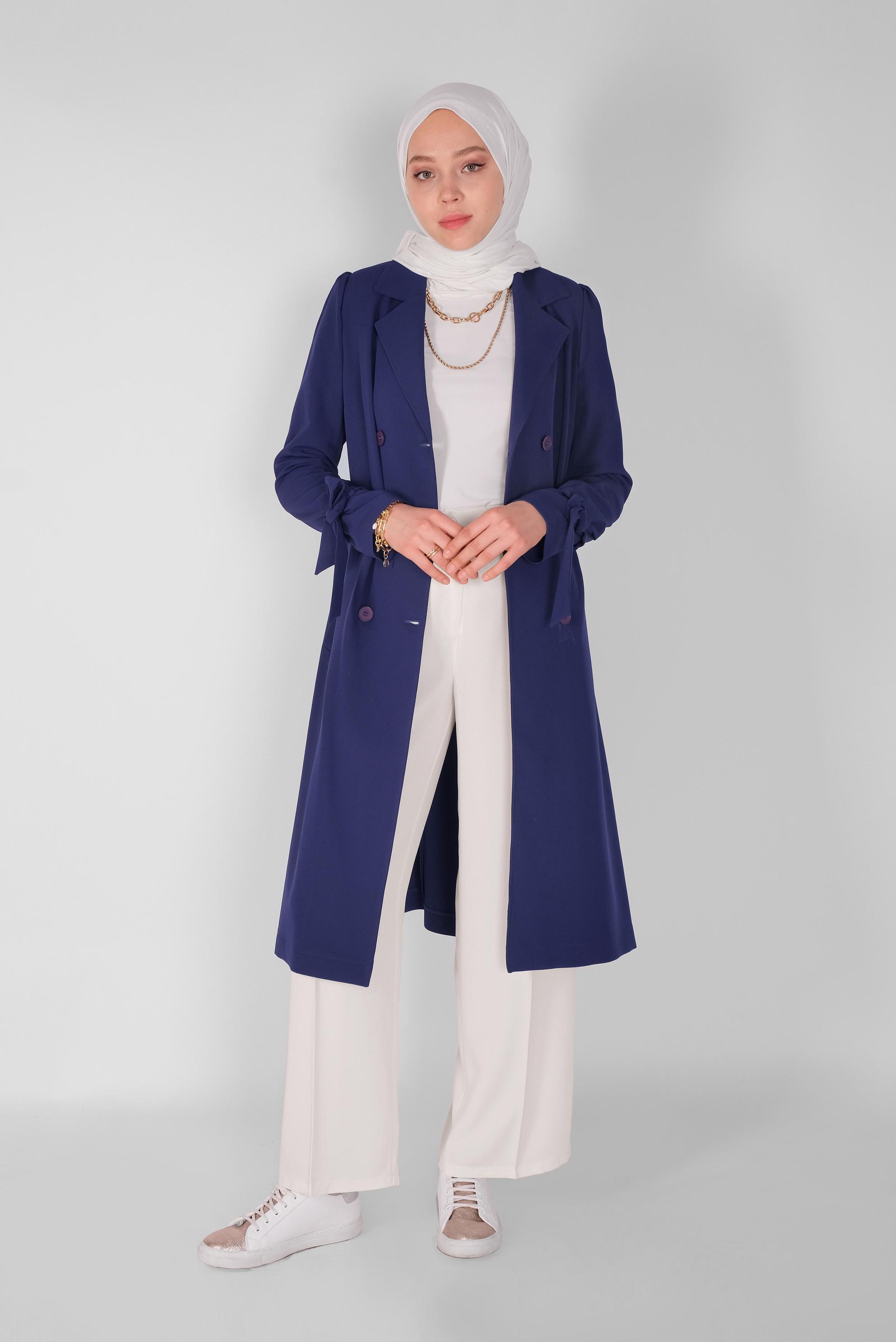 Tesettür giyim LACİVERT KRUVAZE DÜĞMELİ TRENÇKOT 10210 