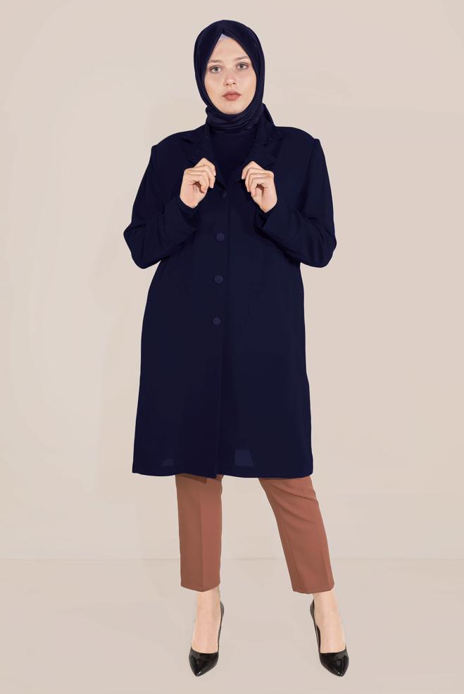 Hijab clothing NAVY BLUE SLEEVES AND COLLAR EMBROIDERED TRENCH-COAT 10229 - ALVİNA