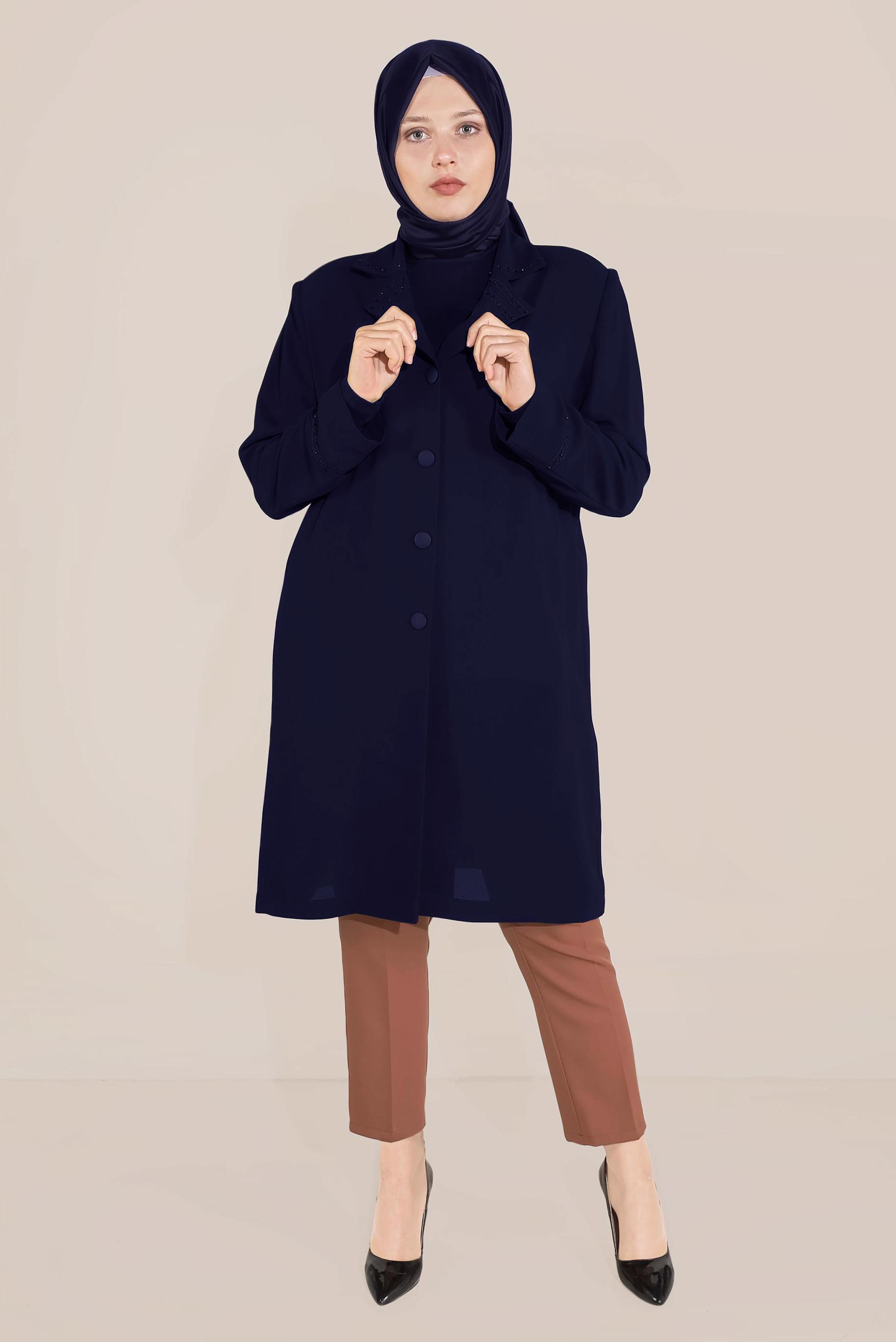 Hijab clothing NAVY BLUE SLEEVES AND COLLAR EMBROIDERED TRENCH-COAT 10229