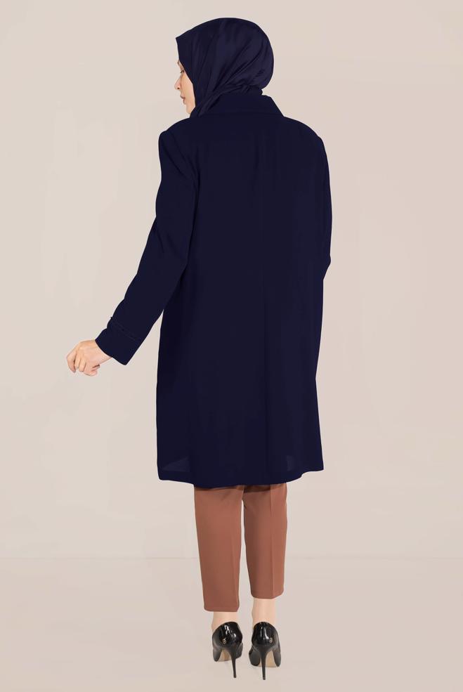 Hijab clothing NAVY BLUE SLEEVES AND COLLAR EMBROIDERED TRENCH-COAT 10229 - ALVİNA
