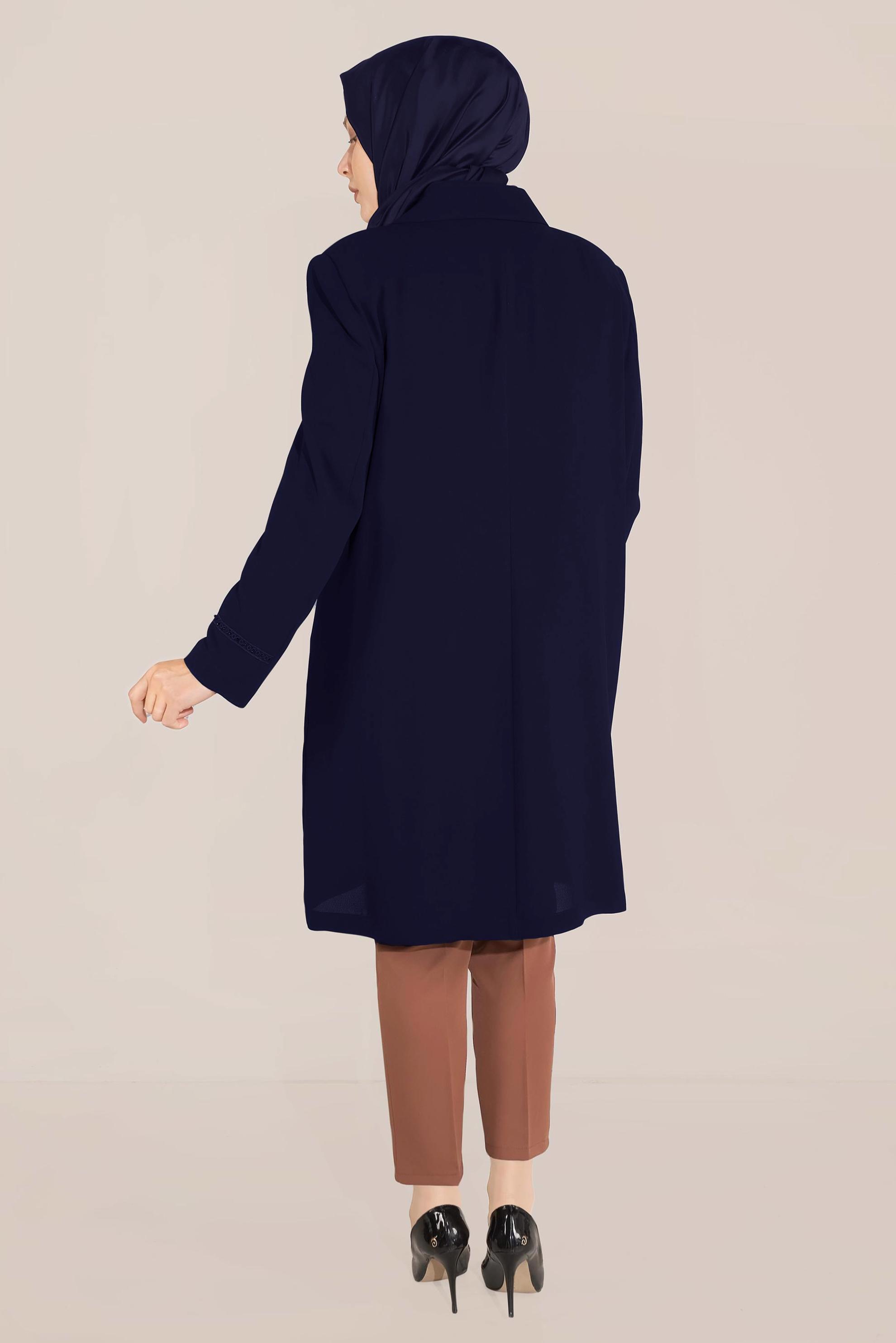 Hijab clothing NAVY BLUE SLEEVES AND COLLAR EMBROIDERED TRENCH-COAT 10229