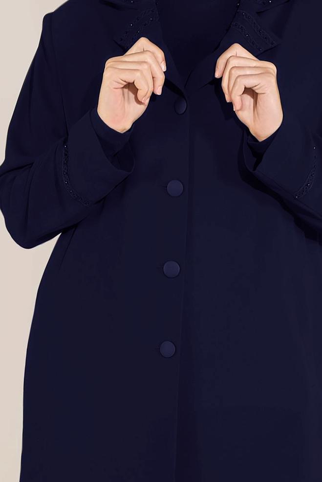 Hijab clothing NAVY BLUE SLEEVES AND COLLAR EMBROIDERED TRENCH-COAT 10229 - ALVİNA